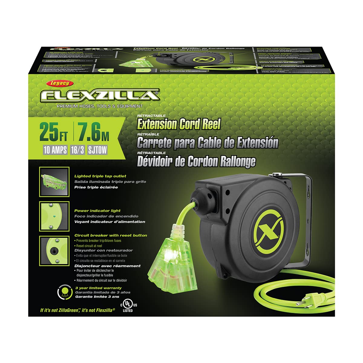 Flexzilla Retractable Extension 16/3 Awg 25' Electric Cord Reel, Zillagreen, Fz8160253