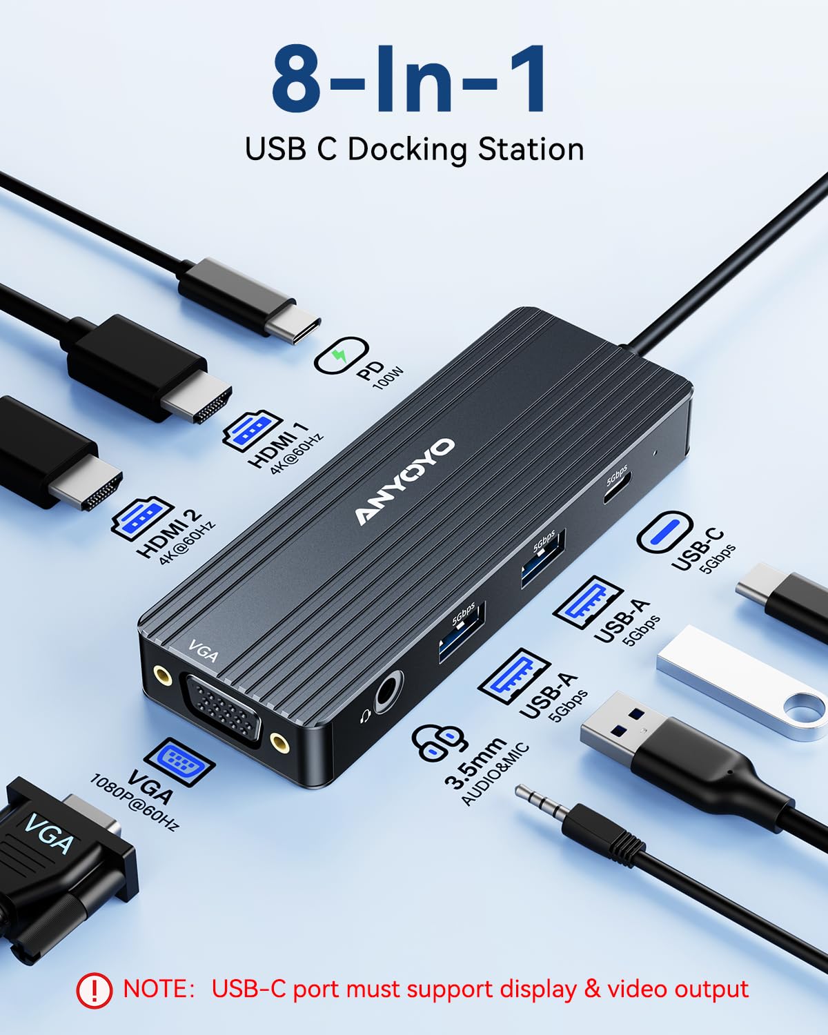 Anyoyo Usb C Docking Station, 8 In 1 Docking Station Dual Monitor, Docking Station 3 Monitors With Dual Hdmi And Vga, 5Gbps Data