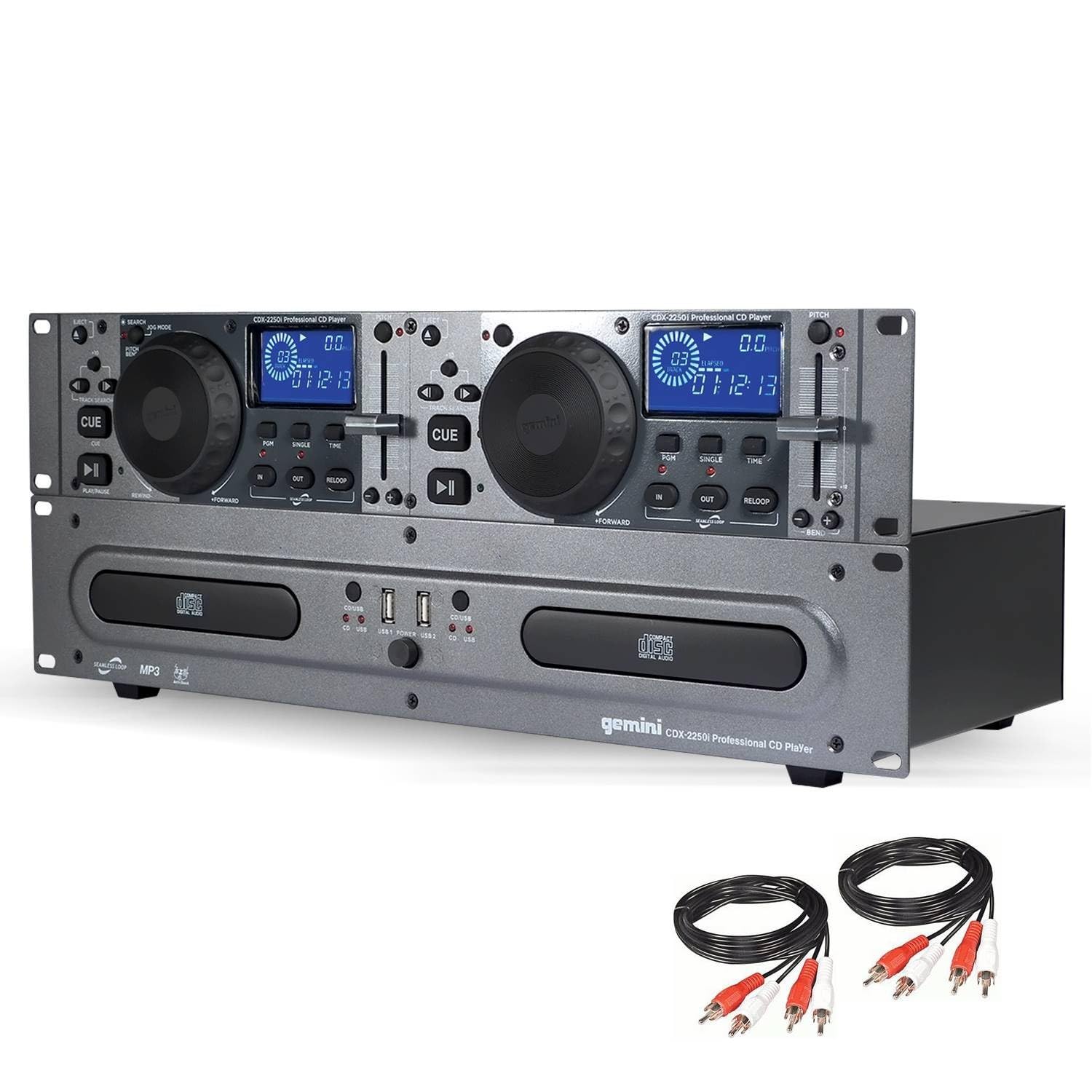Gemini Sound CDX2250i Dual Rack Mountable Professional Audio Pitch Control DJ Equipment Multimedia CD Media Player with Audio C