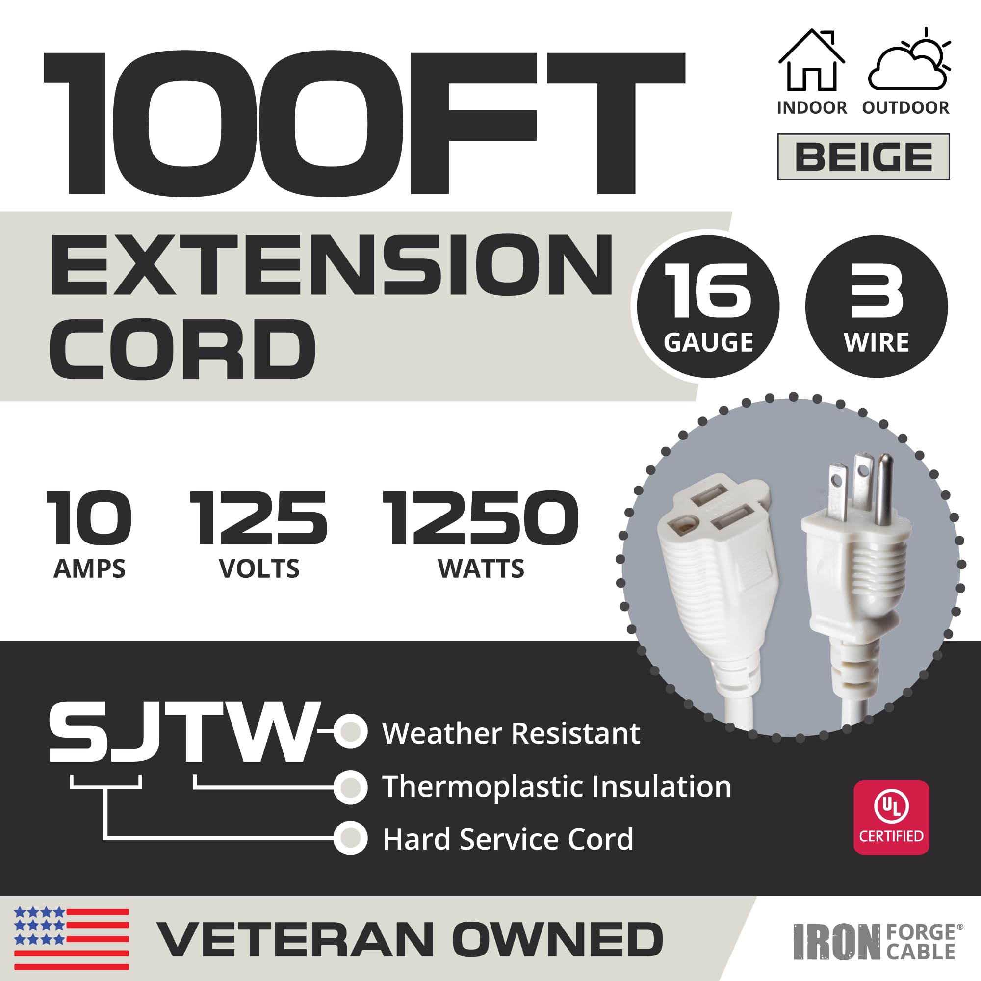 Iron Forge Cable 100 Ft Beige Outdoor Extension Cord   16/3 Sjtw 100Ft Extension Cord 3 Prong, 10 Amp All Weather Heavy Duty Pow