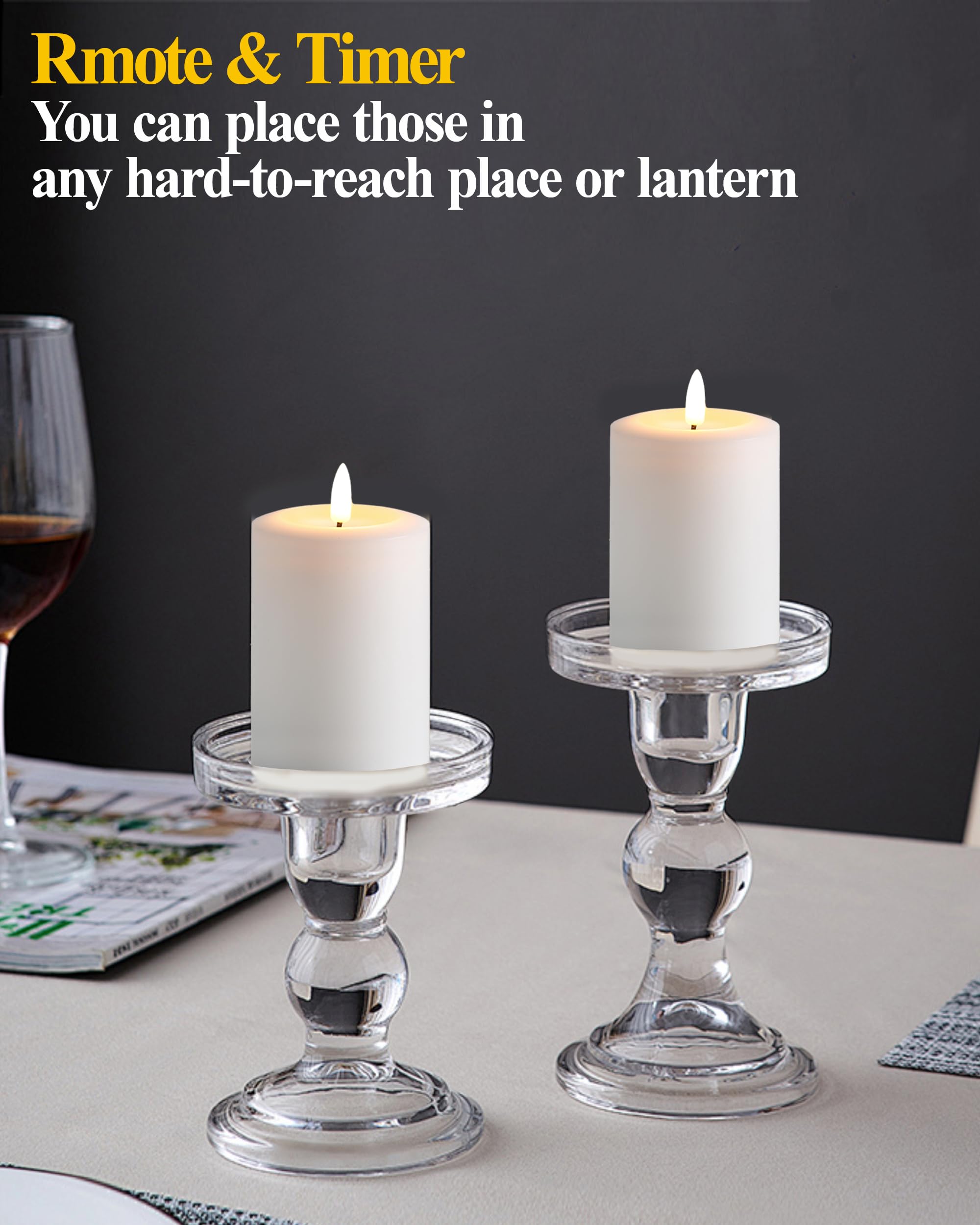Gmnee 3''X5'' Flickering Flameless Candles With Remote Timer, 3'' Diameter White Pillar, Real Wax, Set Of 3 Large Led Battery Op