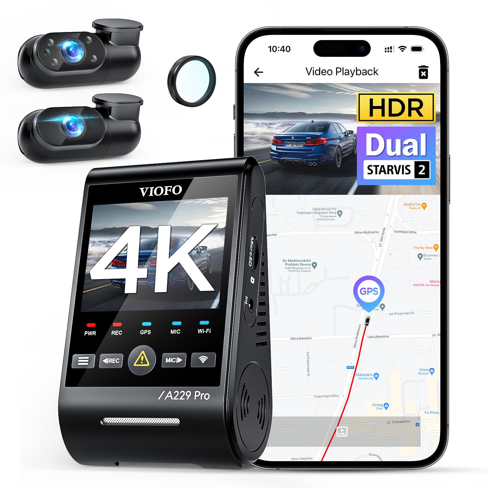 Viofo A229 Pro 3 Channel 4K Hdr Dash Cam, Dual Starvis 2 Sensors Imx678 & Imx675, 4K+2K+1080P Front Inside And Rear Triple Car C