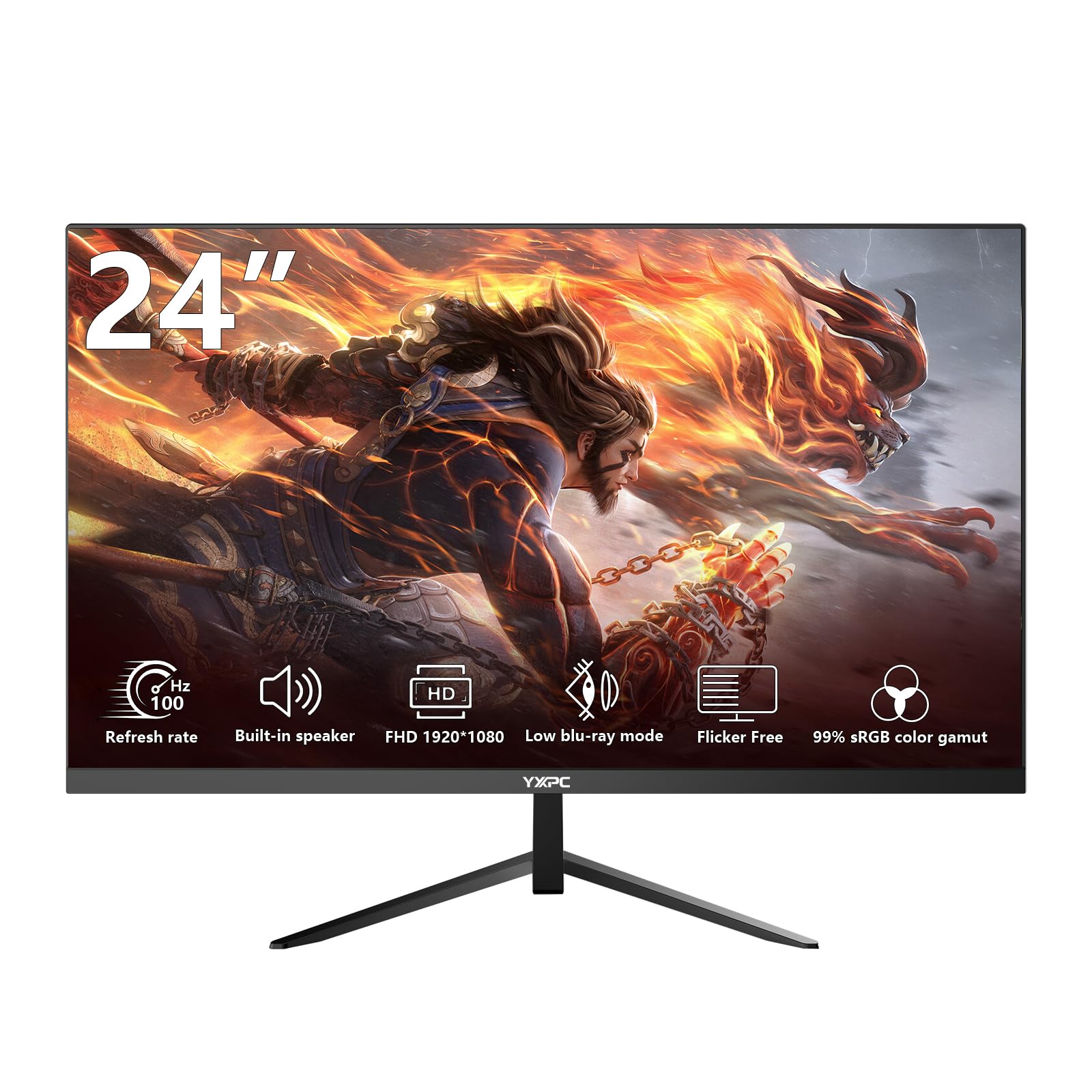YXPC 24 inch Computer Gaming Monitor 100Hz,Built-in Speakers,1080P Display,Ergonomic Tilt Home Office Gaming Monitor,HDMI,VGA Po