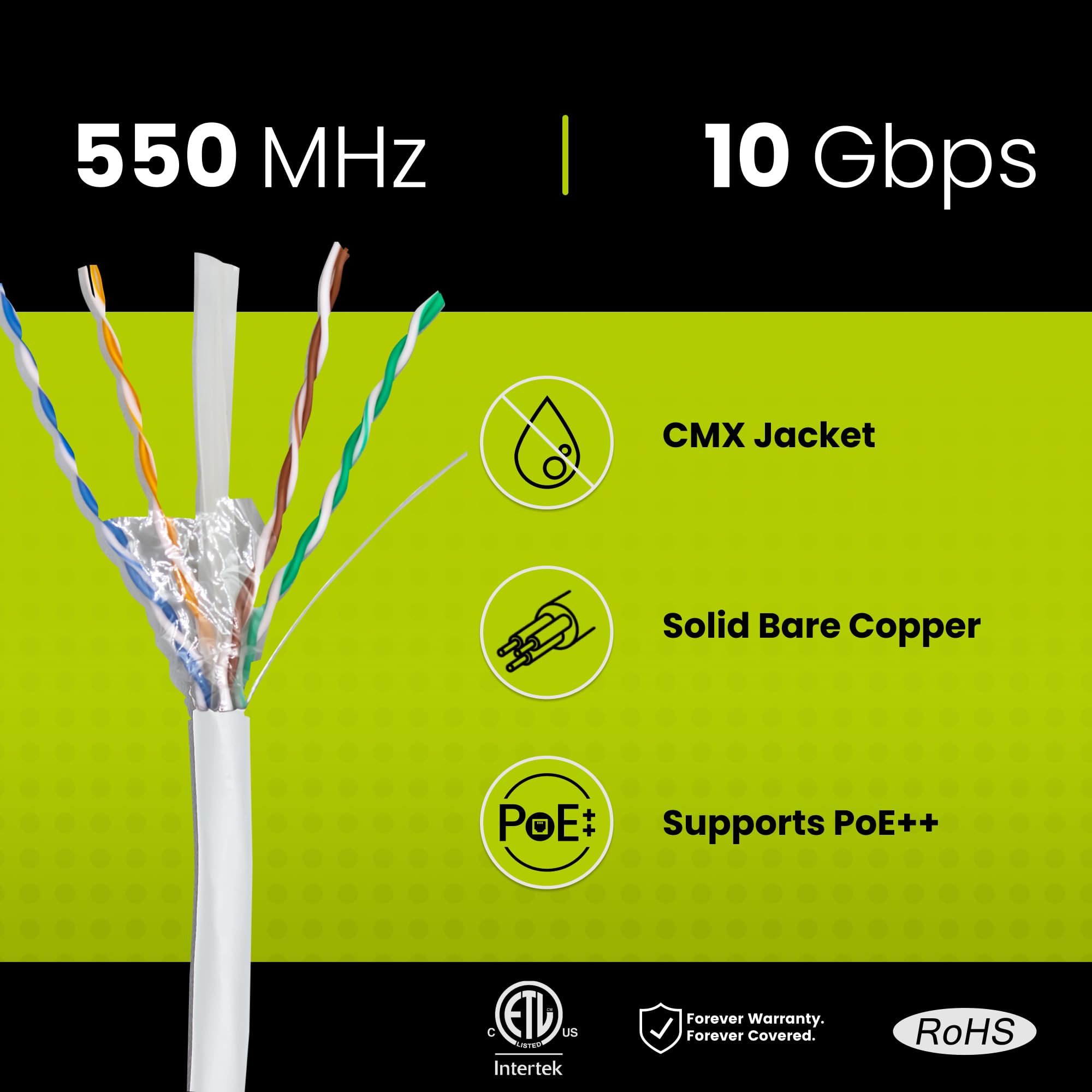Truecable Cat6 Outdoor, Unshielded Utp, 1000Ft, Uv Resistant, Cmx Rated, White, 23Awg Solid Bare Copper, 550Mhz, Poe++ (4Ppoe), Etl Listed, Bulk Ethernet Cable