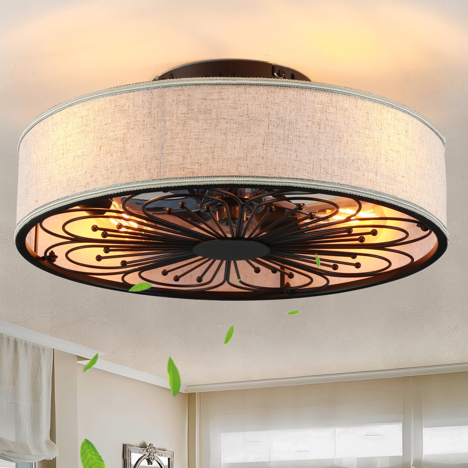 20'' Boho Rattan Caged Ceiling Fan With Light,Low Profile Flush Mount Bladeless Ceiling Fan With Remote Control, 6 Speeds Revers