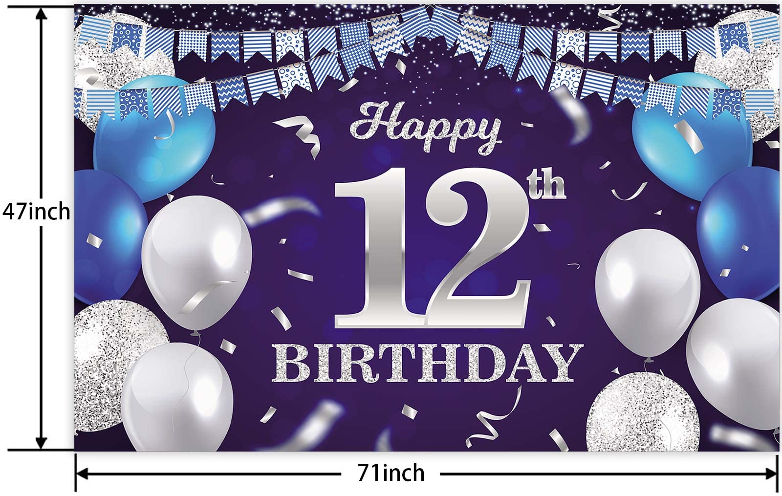 Happy 12Th Birthday Banner Backdrop Navy Blue Balloons Confetti Stripe Flag Light Spots Cheers To 12 Years Old Theme Decorations