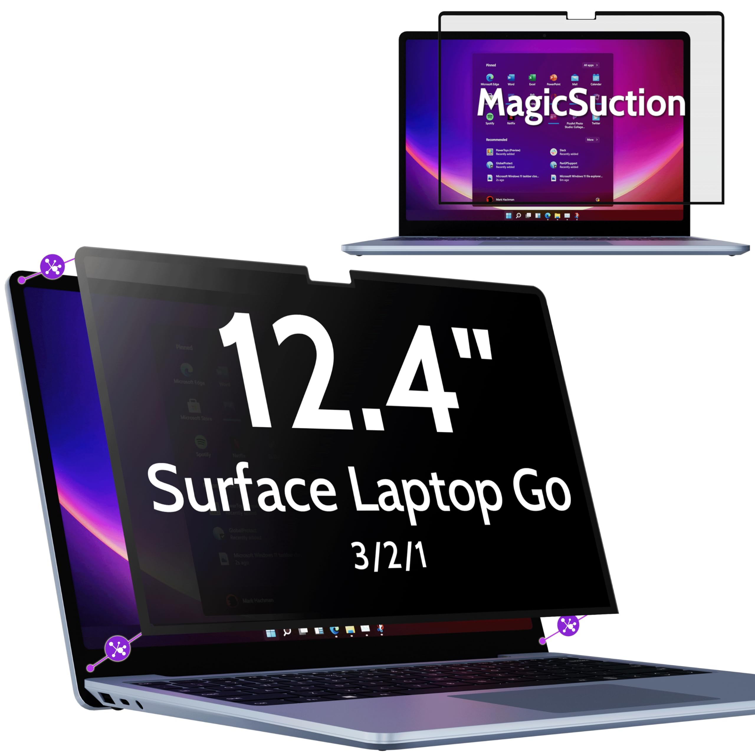 Peslv Privacy Screen For 12.4 Inch Surface Laptop Go 3/2/1, Magicsuction Removable Anti Spy Black Protector, Glare Blue Light Fi