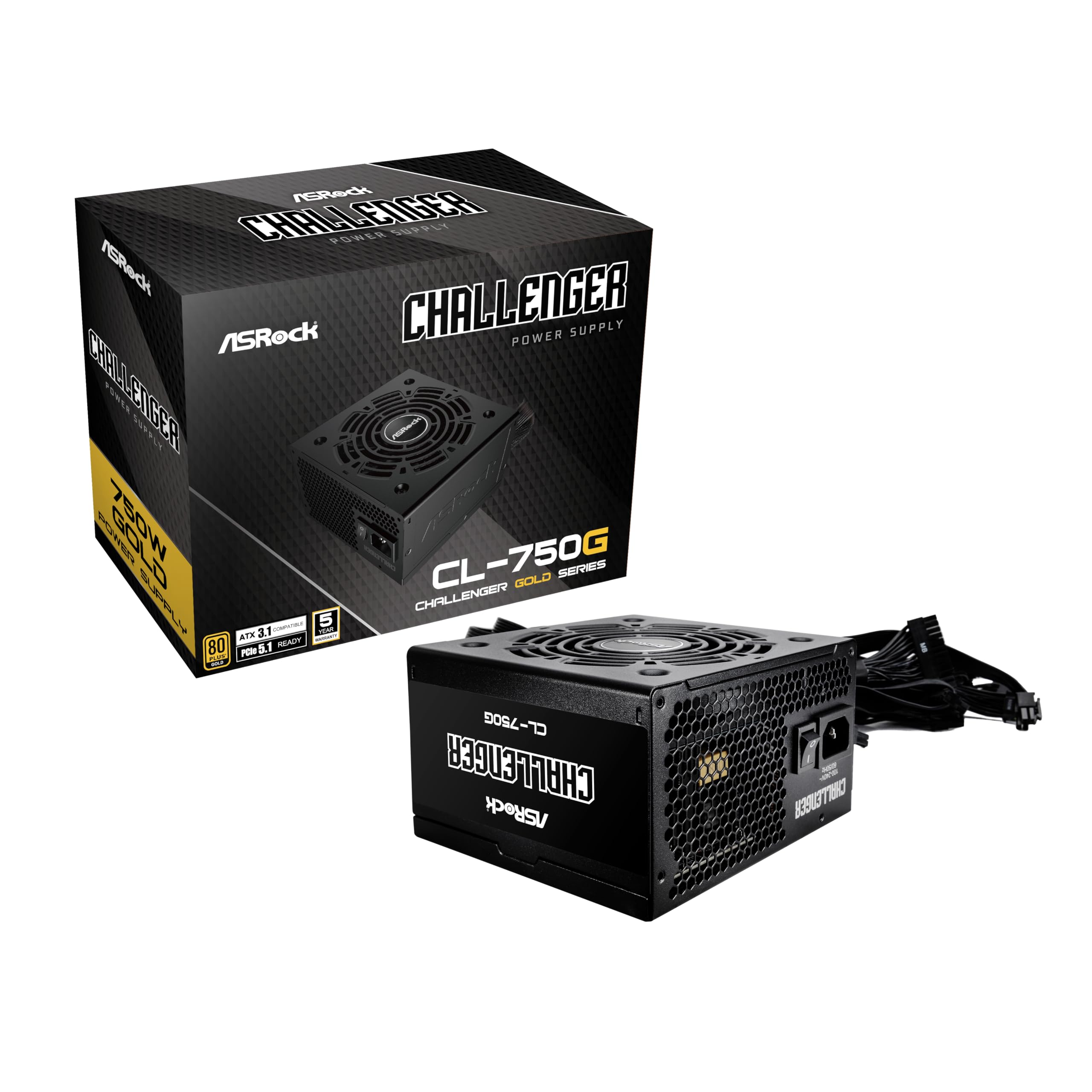 Power Supply ASROCK CL-750G, PSU, 750W, 80 Plus Gold, 120mm, Active PFC, PCI-E 5.1 (12+4pin) x1, PCI-E (6+2 pin) x4, SATA (5 pin