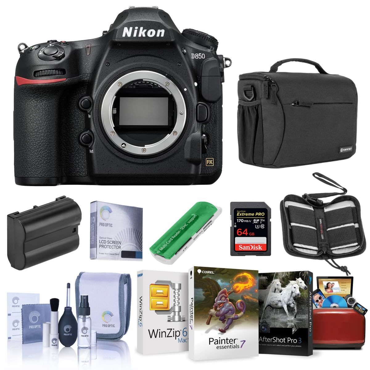 Nikon D850 DSLR Camera Body - Bundle with 64GB SDXC U3 Card, Camera Case, Spare Battery, Cleaning Kit, Memory Wallet, Card Reade
