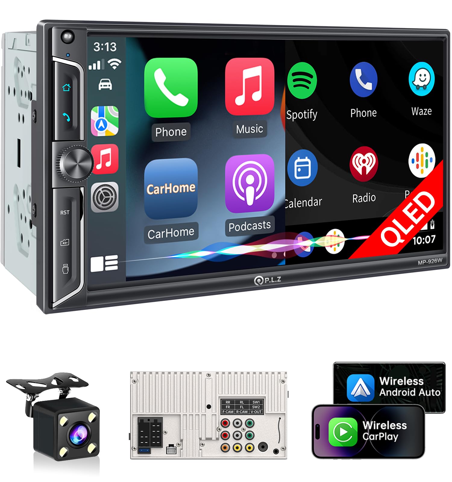 Plz 7'' Wireless Double Din Car Stereo Apple Car Play Radio Carplay Android Auto Qled Touch Screen, Bluetooth 5.3 Audio Receiver