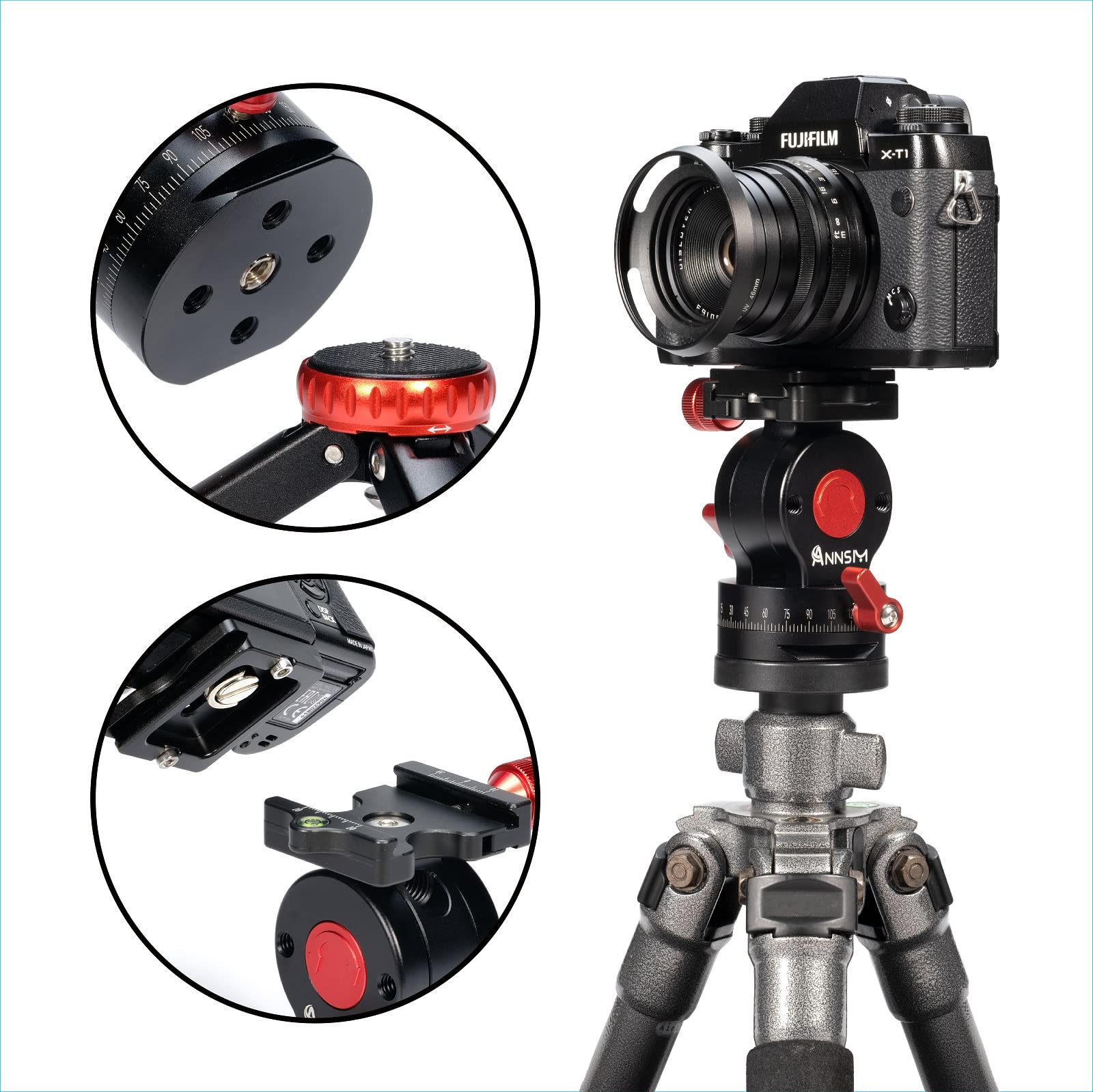 Annsm Tripod Fluid Drag Pan Tilt Head Vertical With Handle Grip 180 Degree Swivel With Arca Swiss Quick Release Plate And Standard For Dslr Camera