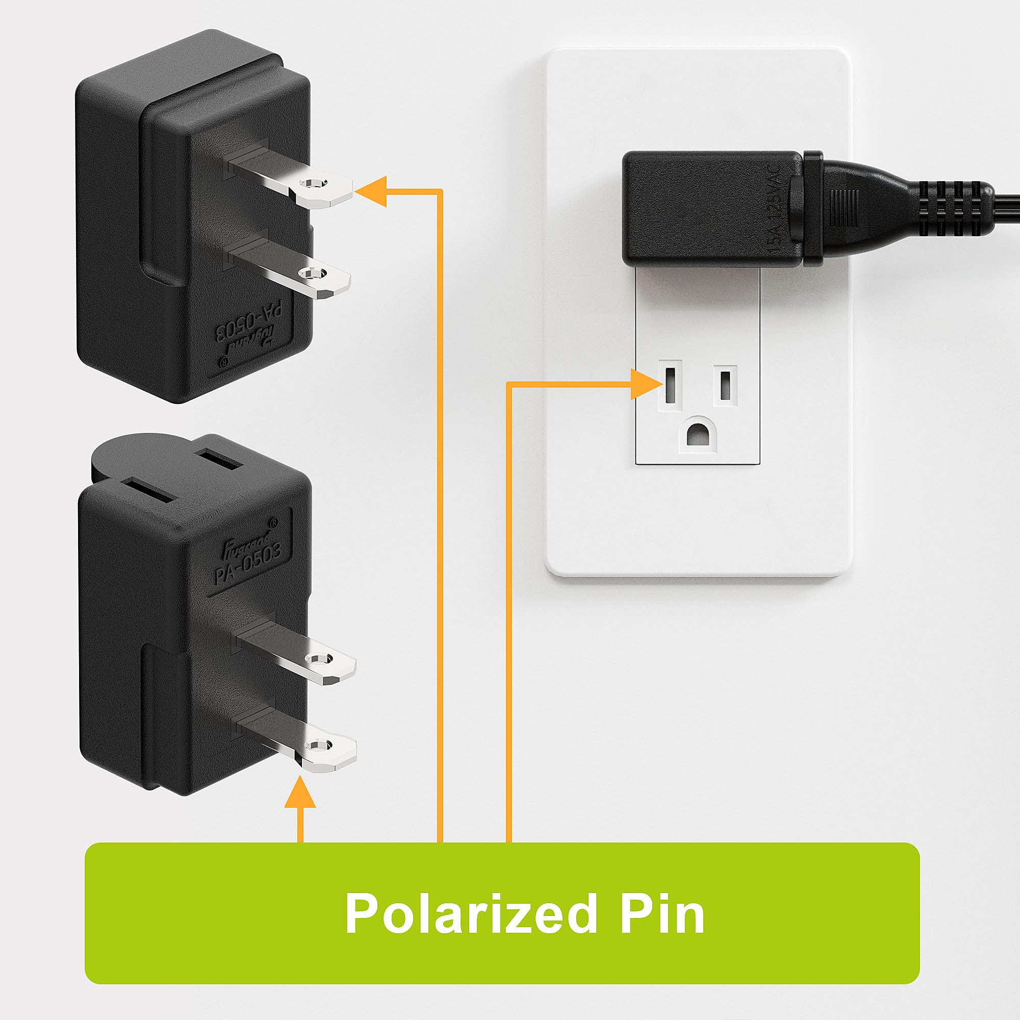 Right Angle Adapter,2 Prong 90 Degree Rightward Angled Ac Adapter, Polarized 2 Prong L Type Adapter, Vertical Right Angled Down