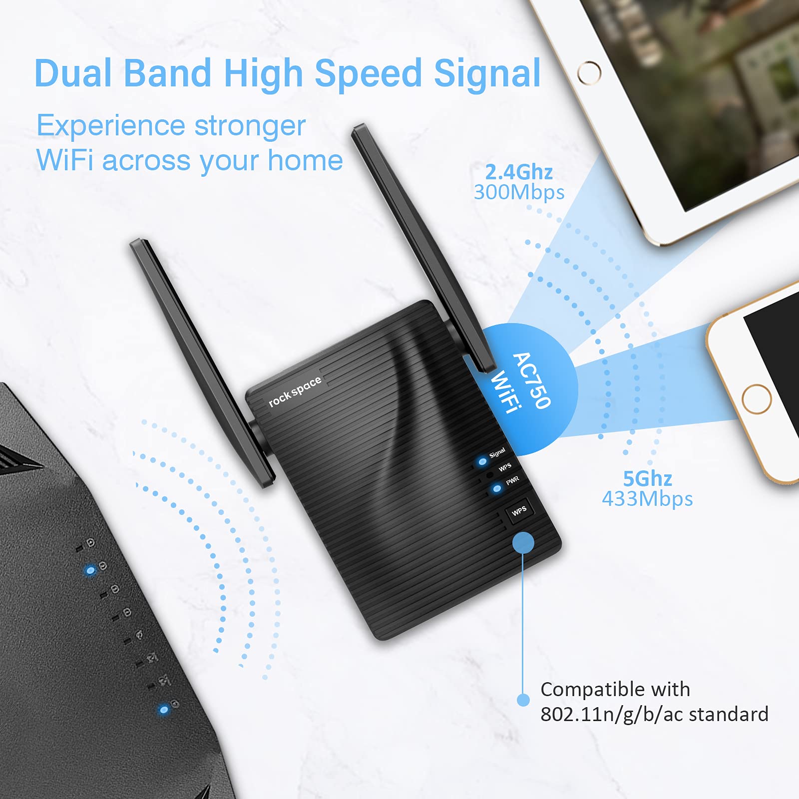 Rockspace Wifi Repeater   Dual Band Wifi Range Extender Signal Booster Signal Amplifier With Wps One Button Setup, Ethernet Port