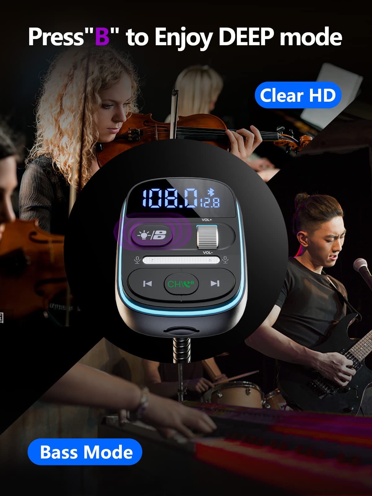 Lencent Bluetooth Fm Transmitter Pd 30W, Bluetooth Car Adapter With Qc3.0 Fast Charger, Hi Fi Bass Music, Wireless Radio Receive