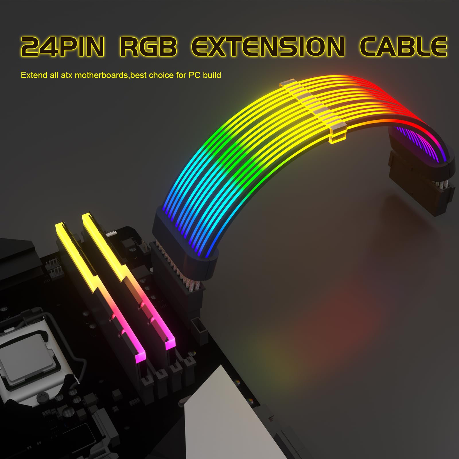 Sirlyr 24 Pin Rgb Cable,Rgb Psu Cables Extensions   5V 3Pin Addressable Argb Motherboard Power Supply Fit Black Pc Case Build Bl