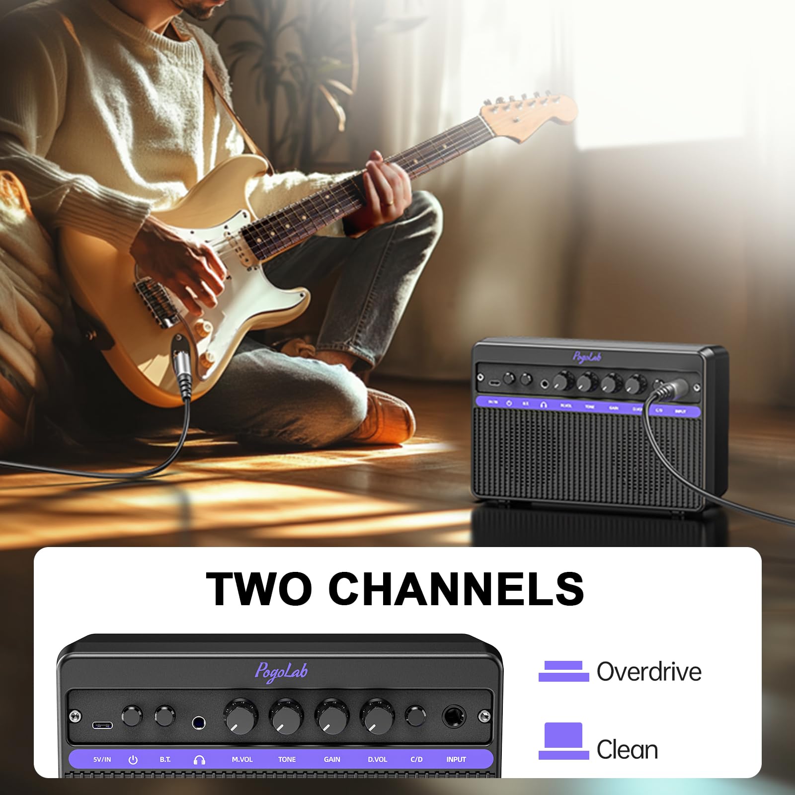 Portable Electric Guitar Amplifier, Pogolab Mini 10W Dual Speakers Bluetooth Amp With Rechargeable Battery (5H Play), Clean/Dist