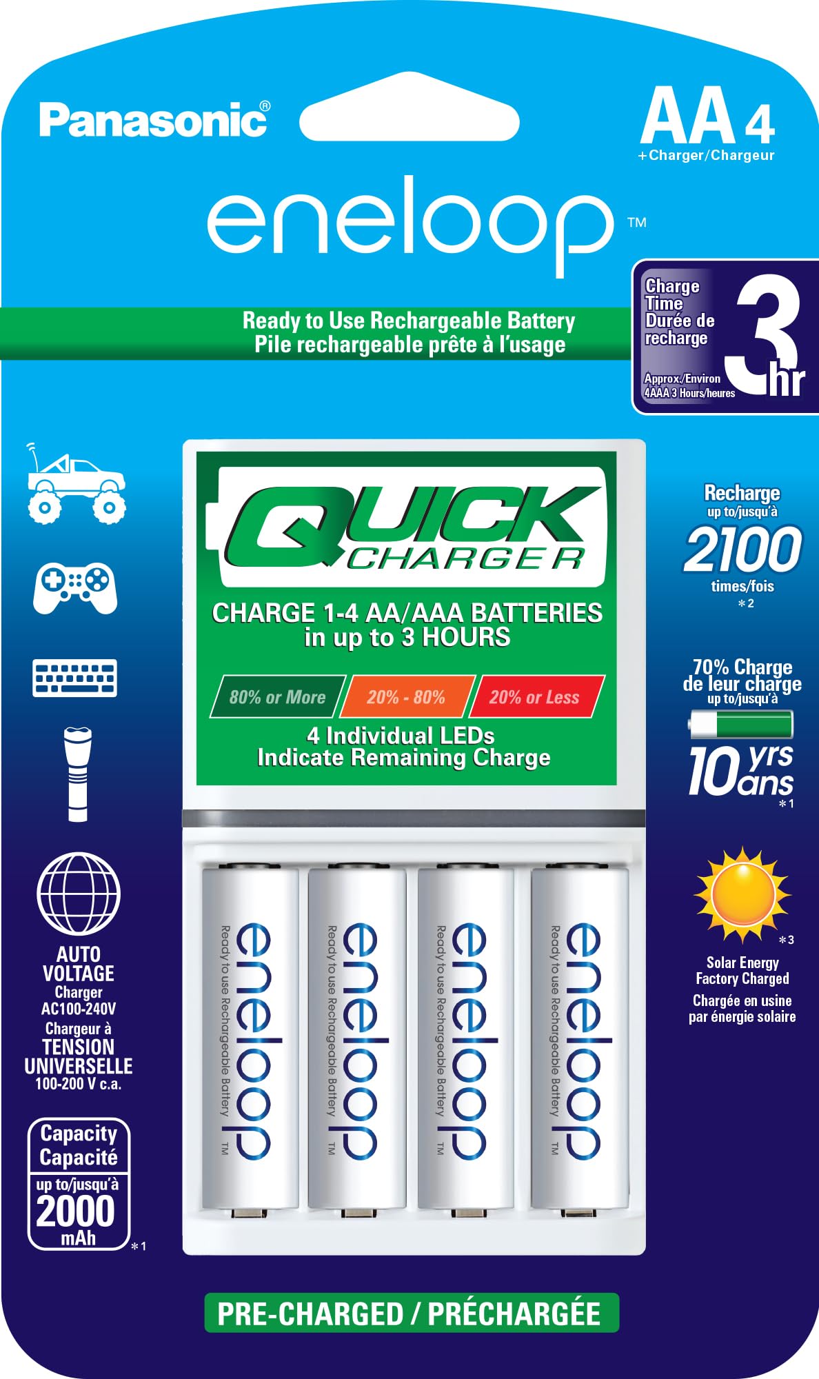 Panasonic K Kj55Mca4Ba Advanced Individual Battery 3 Hour Quick Charger With 4 Aa Eneloop Rechargeable Batteries, White