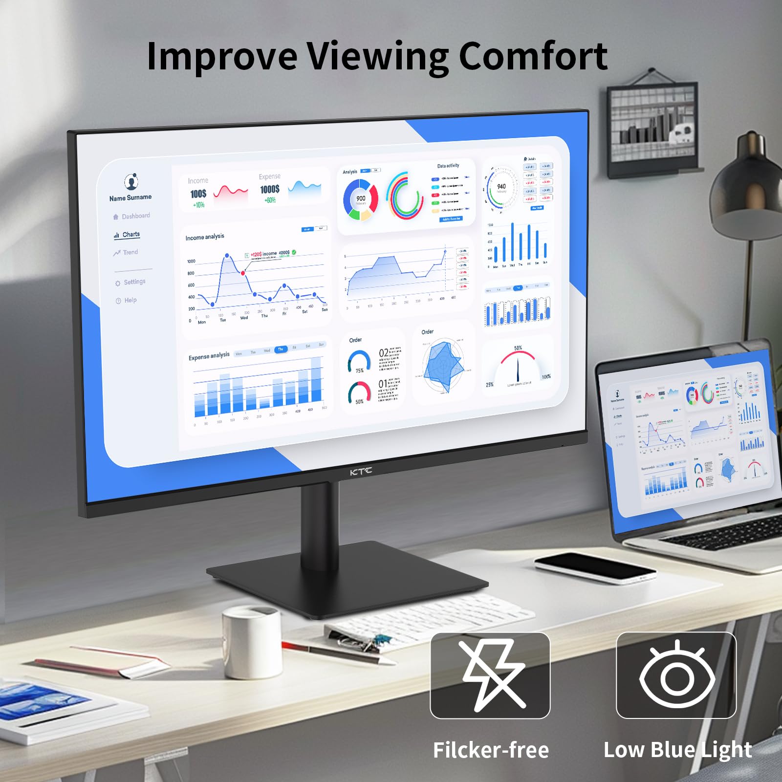 Ktc 27 Inch Qhd Computer Monitor, 2K 100Hz Ips Gaming Monitor, 1440P Frameless Eye Care Pc Office Monitor With Hdmi/Dp, Freesync