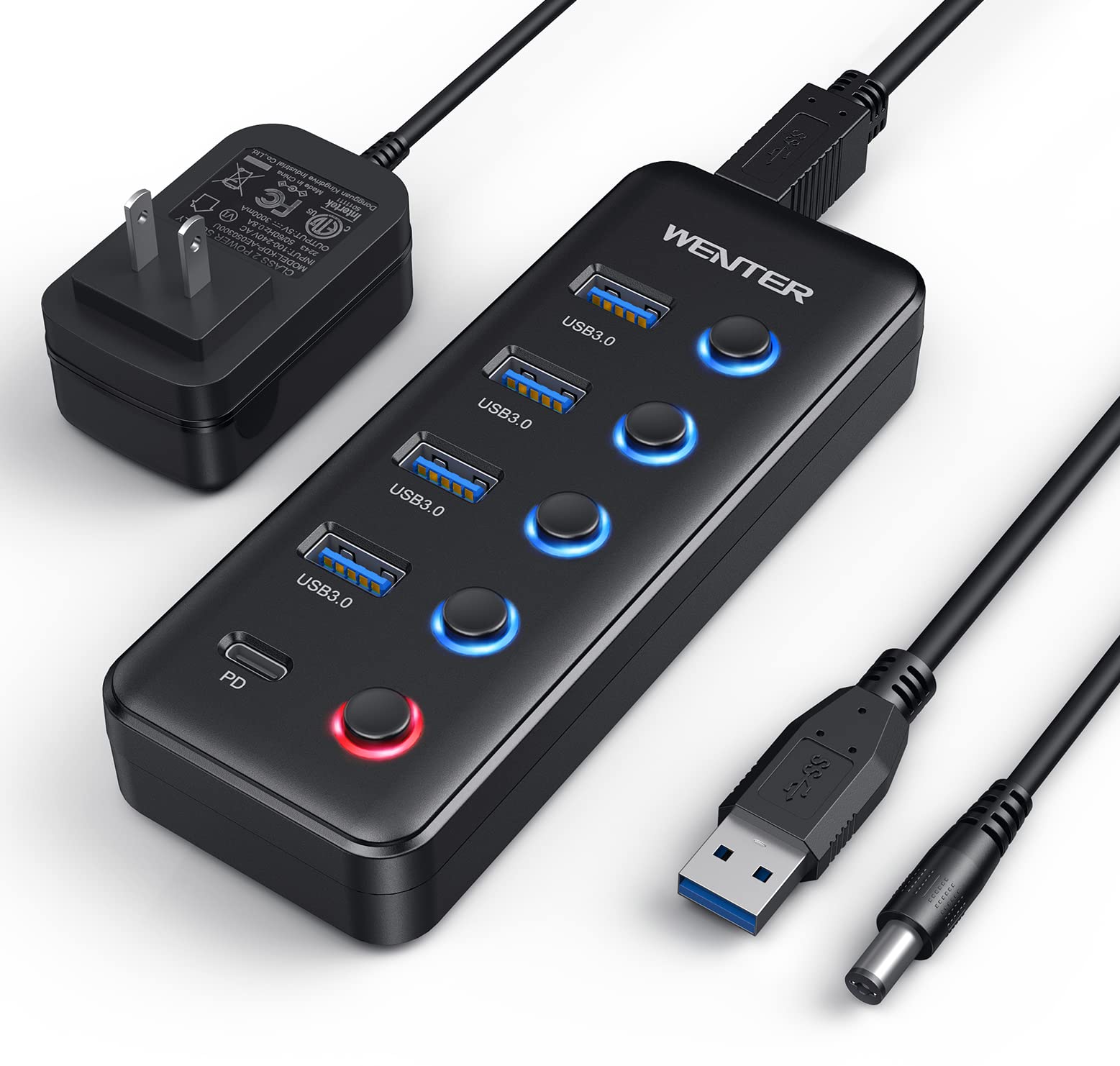 Powered Usb 3.0 Hub, Wenter 5 Port Usb Hub Splitter (4 Faster Data Transfer Ports+ 1 Type C Charging Ports) With Individual Led On/Off Switches, Usb Hub 3.0 Powered With Power Adapter For Mac, Pc