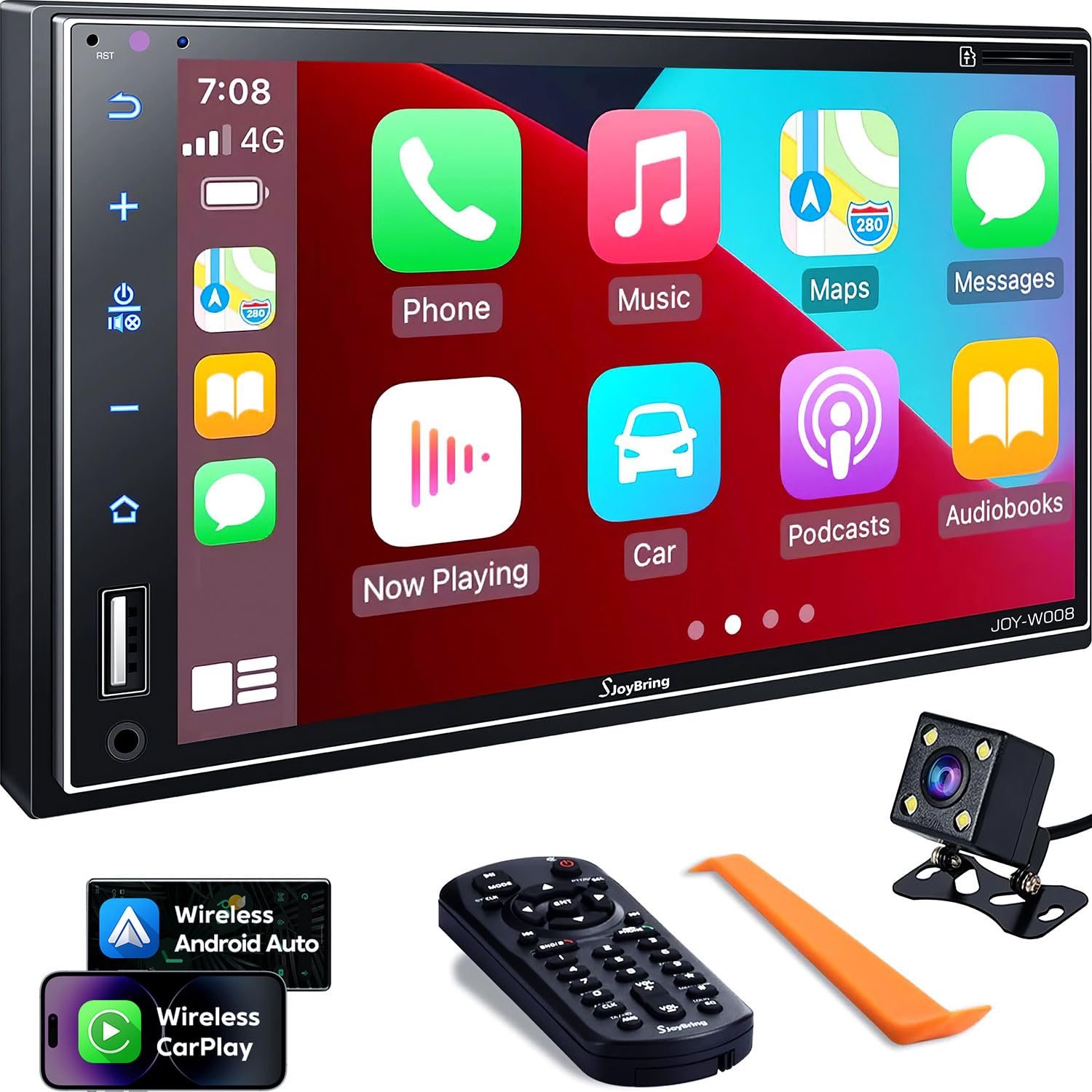 Double Din Car Stereo With Wireless Apple Carplay, Android Auto, 7 Inch Full Hd Capacitive Touchscreen   Bluetooth, 4 Channel Rc