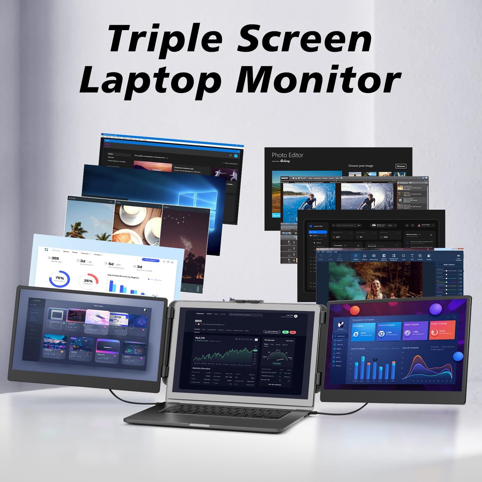 Laptop Screen Extender Triple Monitor   14'' Portable Monitor Fhd 1080P Tri Screen Attachment Extended For Laptop Extra Screen C