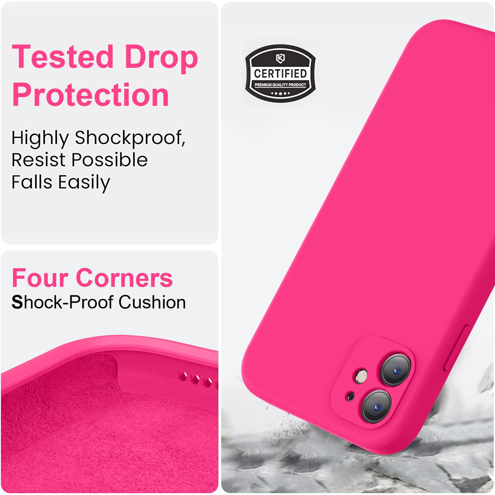 Vooii iPhone 11 Case - Upgraded Liquid Silicone, Square Edges, Camera Protection, Soft Microfiber Lining - 6.1 inch, Hot Pink