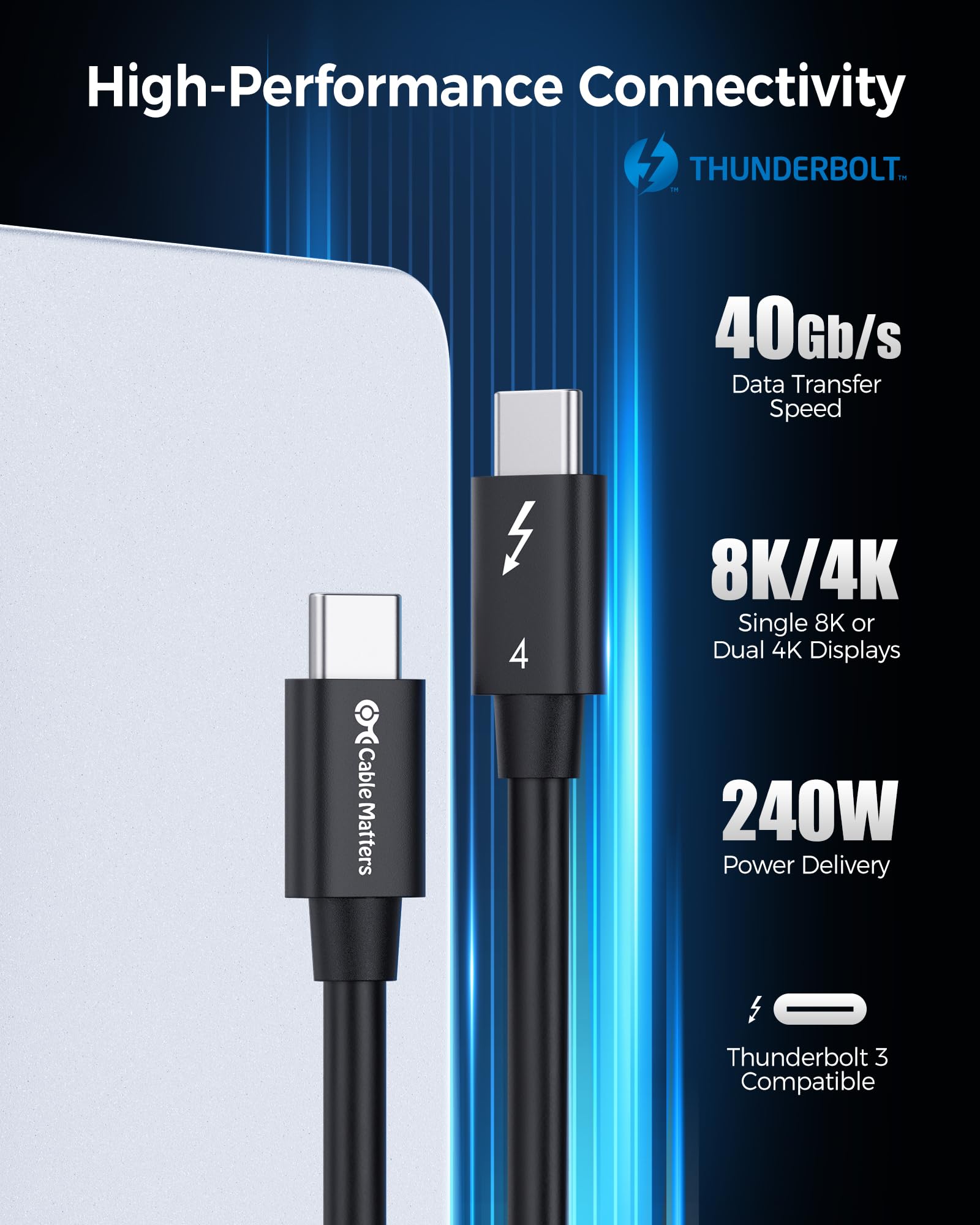 Cable Matters Thunderbolt 4 Cable 1ft, 40Gbps, 8K Video, 240W Charging, Black, Model 107032-BLK-0.3m, USB