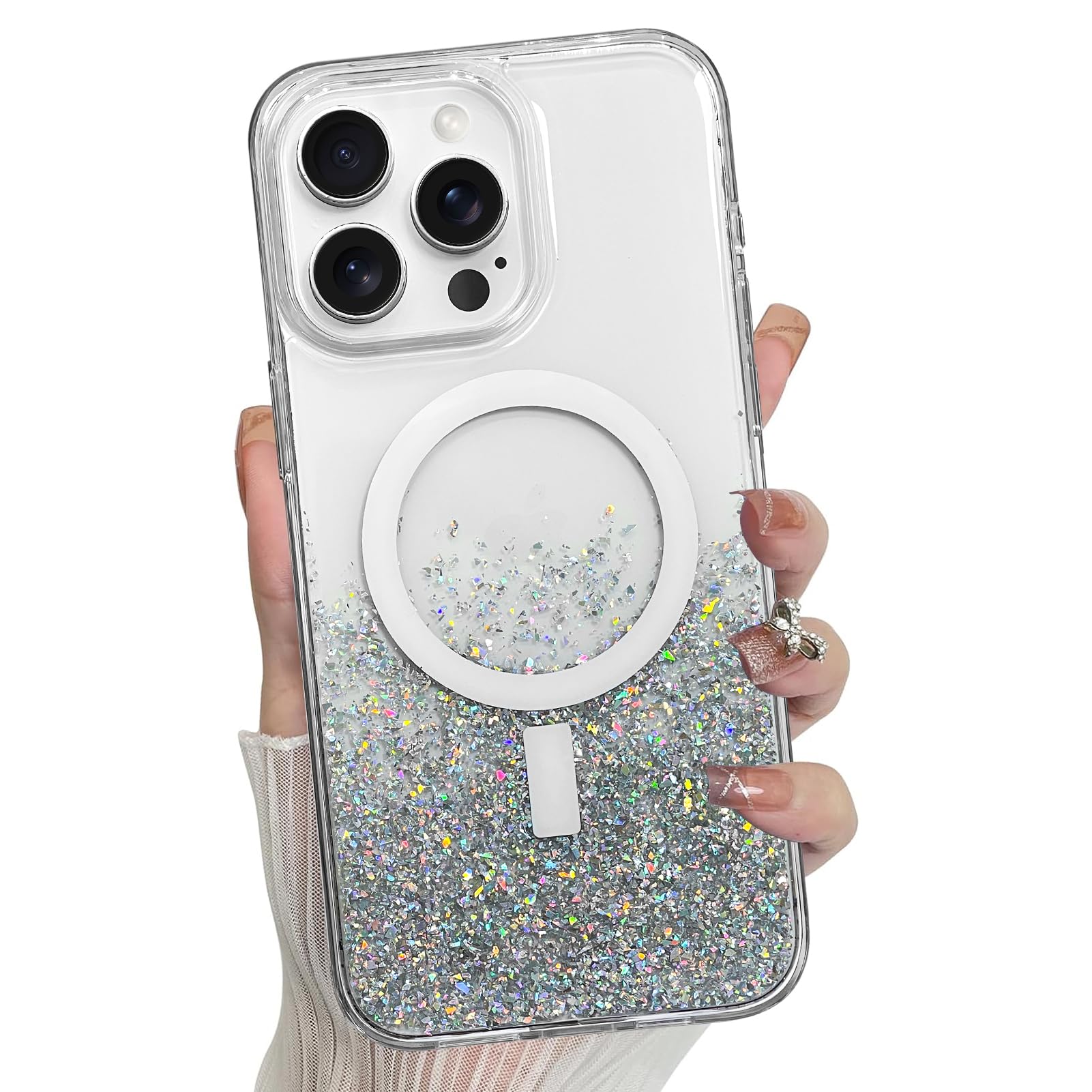 Bonoma For Iphone 14 Pro Case, Sparkly Glitter Bling Back, Magnetic Support For Magsafe Shockproof Case, Crystal And Clear High 