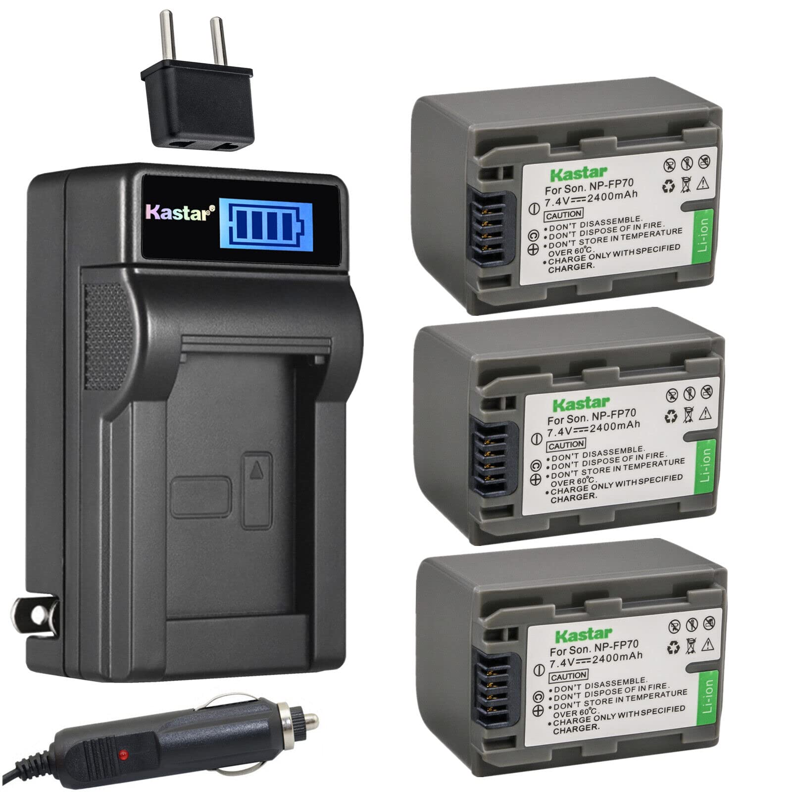 Kastar 3-Pack NP-FP70 / NP-FP71 Battery and LCD AC Charger Compatible with Sony DCR-HC94, DCR-HC96, DCR-SR30, DCR-SR40, DCR-SR50