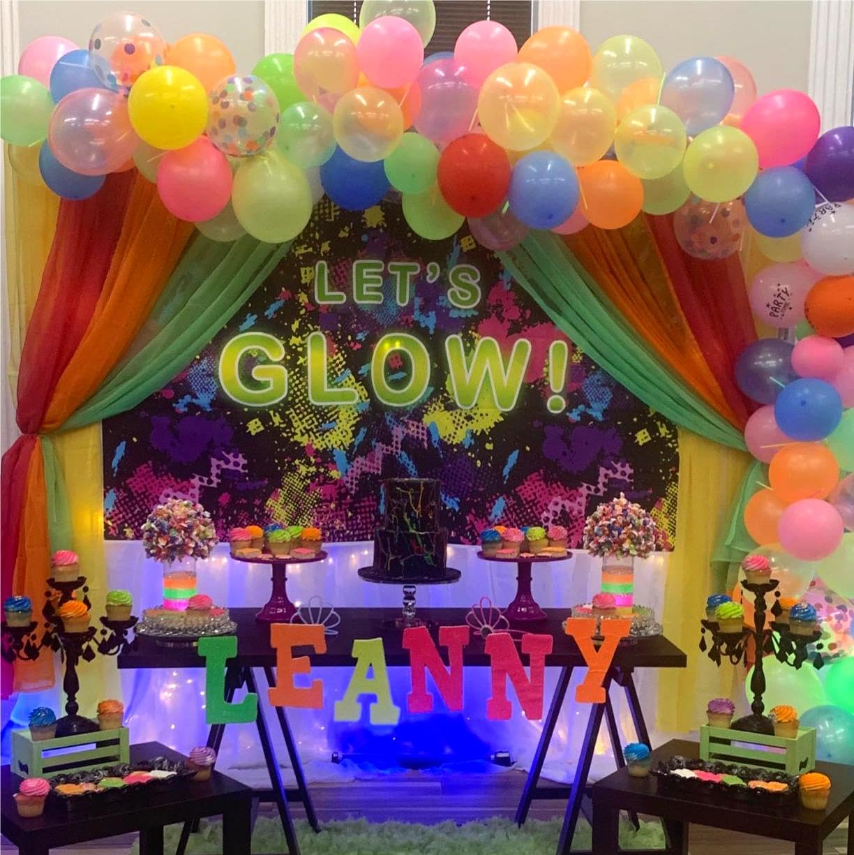 Mocsicka Let'S Glow Backdrop 7X5Ft Glow Neon Party Splatter Background Glow Theme Birthday Party Backdrop Neon Party Supplies Background Party Decoration