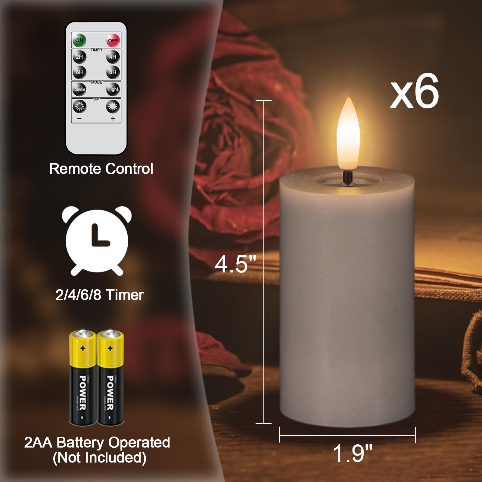 Eldnacele Flameless Pillar Flickering Led Candles Set Of 6, Remote Control And Timer, Battery Operated, Real Wax, 3D Wick, Gray,