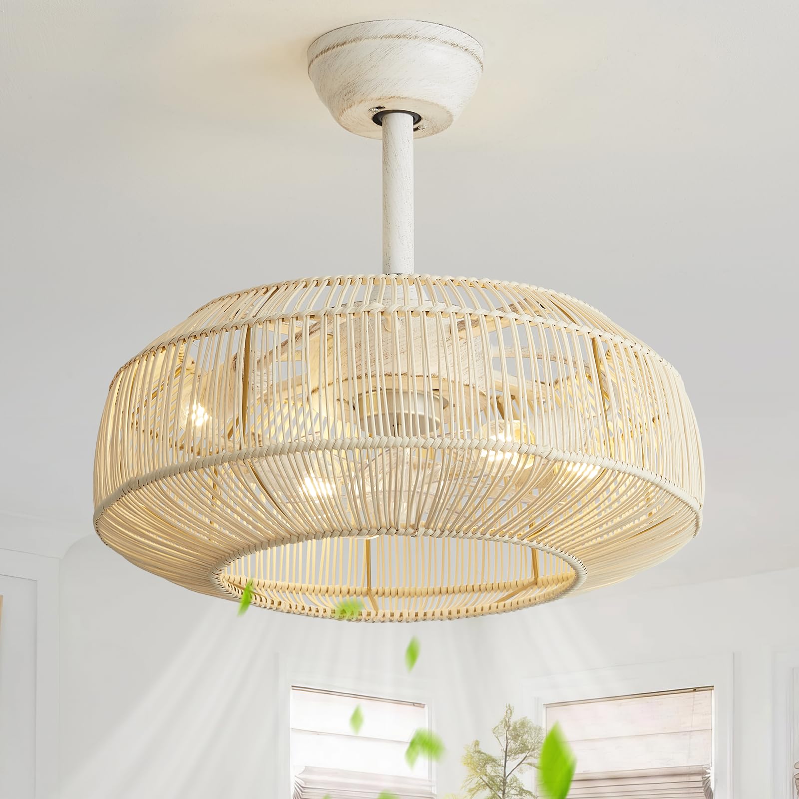 SYDACG 20 Rattan Ceiling Fan with Light, Boho Chandelier Ceiling Fans with Lights Remote Control with Caged 6 Speeds for Bedroom
