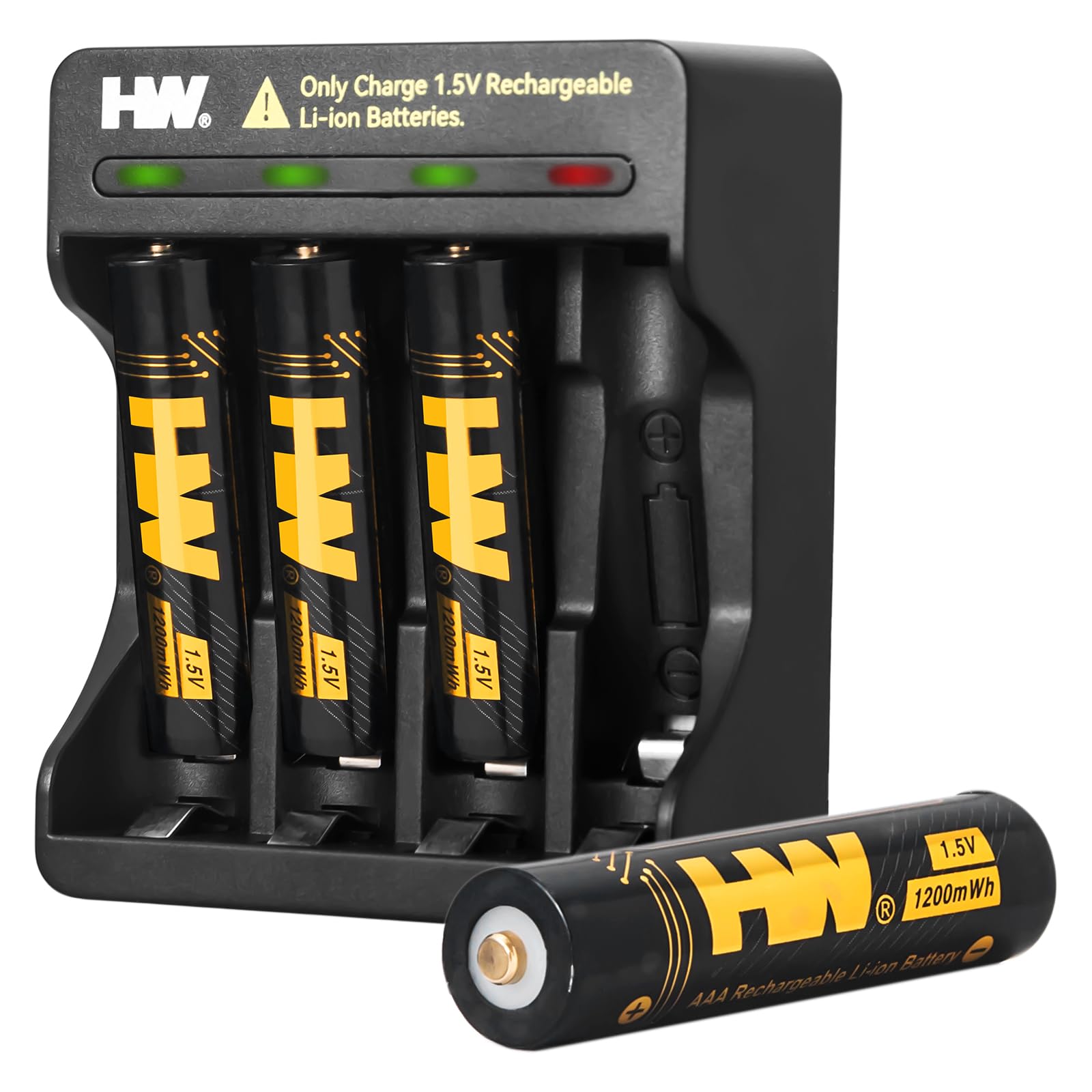 HW 4 Pack Lithium Rechargeable AAA Batteries with Charger, 1.5V 1200mWh Triple A Lithium Ion Batteries, 2.5H Fast Chrge, Long La
