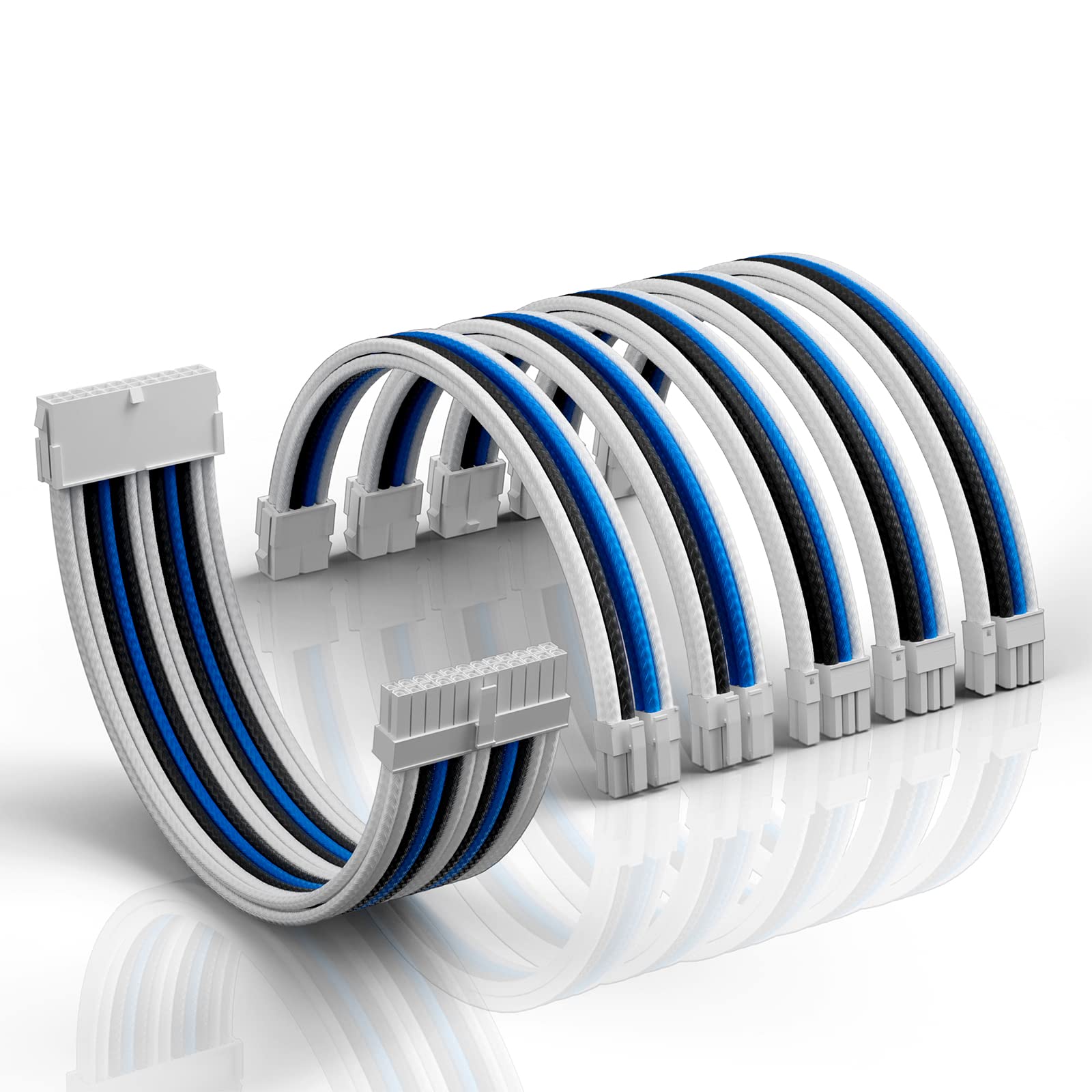 AsiaHorse Customization Mod Sleeve Extension Cable Kit 16AWG ATX/EPS/8-Pin PCI-E, Mix Color Blue-White, Model SnowPro6kit-Blue