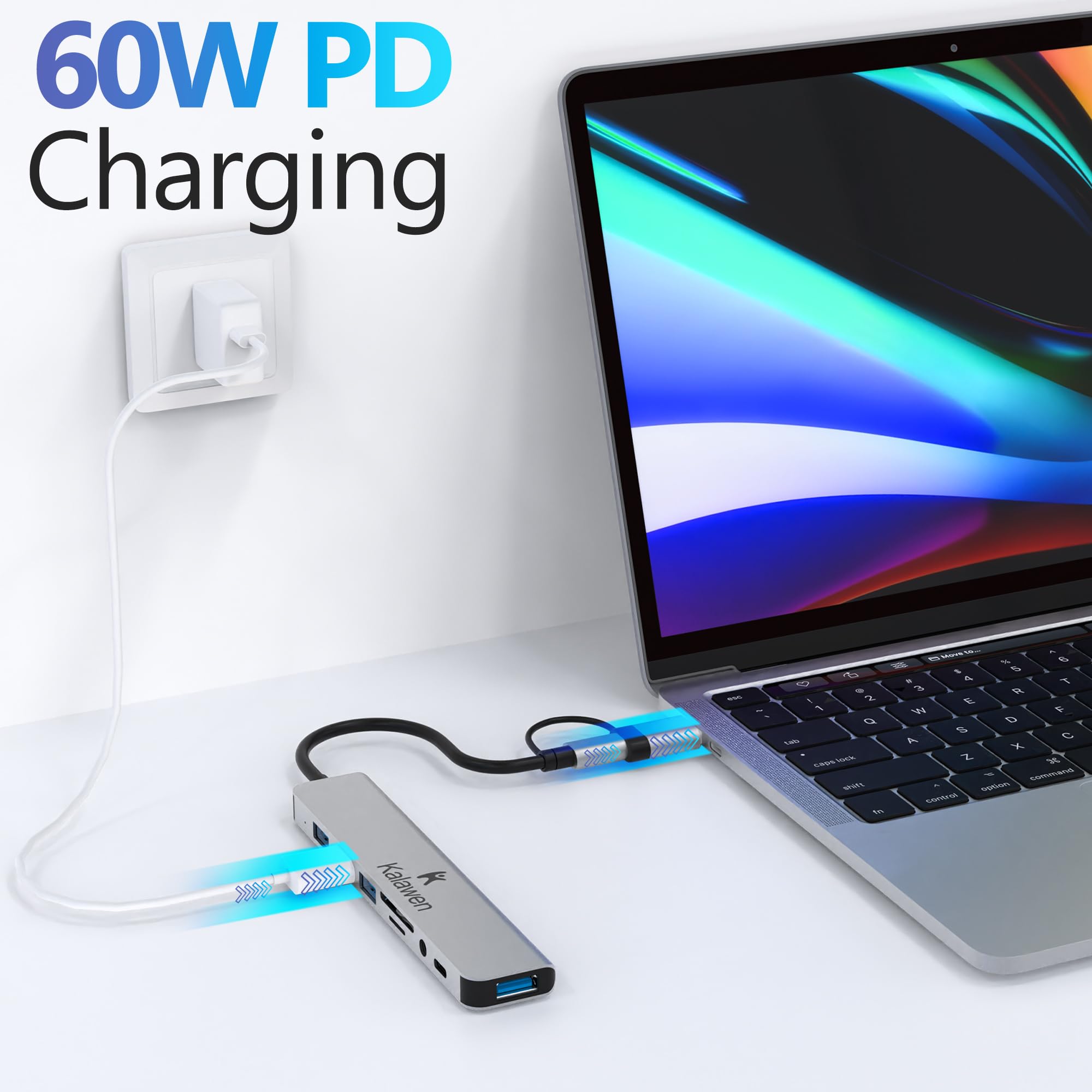 Kalawen Usb C Hub Usb Hub 3.0, Aluminum 8 In 1 Usb Splitter With 1 X Usb 3.0, 3 X Usb 2.0 And 1 X Usb C, Sd/Tf Card Reader, 3.5M