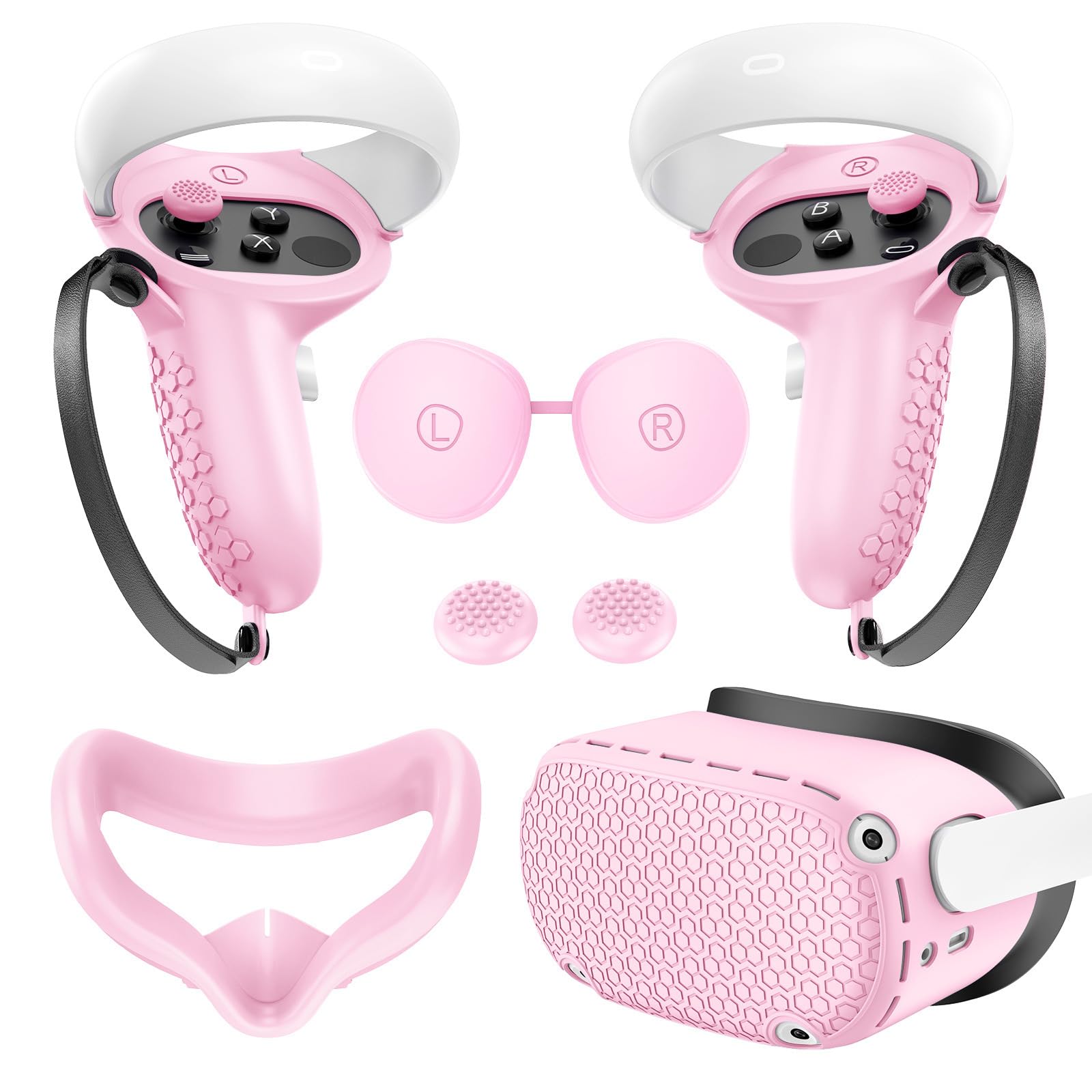 Silicone Protective Cover Set for Meta Quest 2, Pink VR Headset Shell with Controller Grips, Lens Cover, Face Cover, Thumbstick