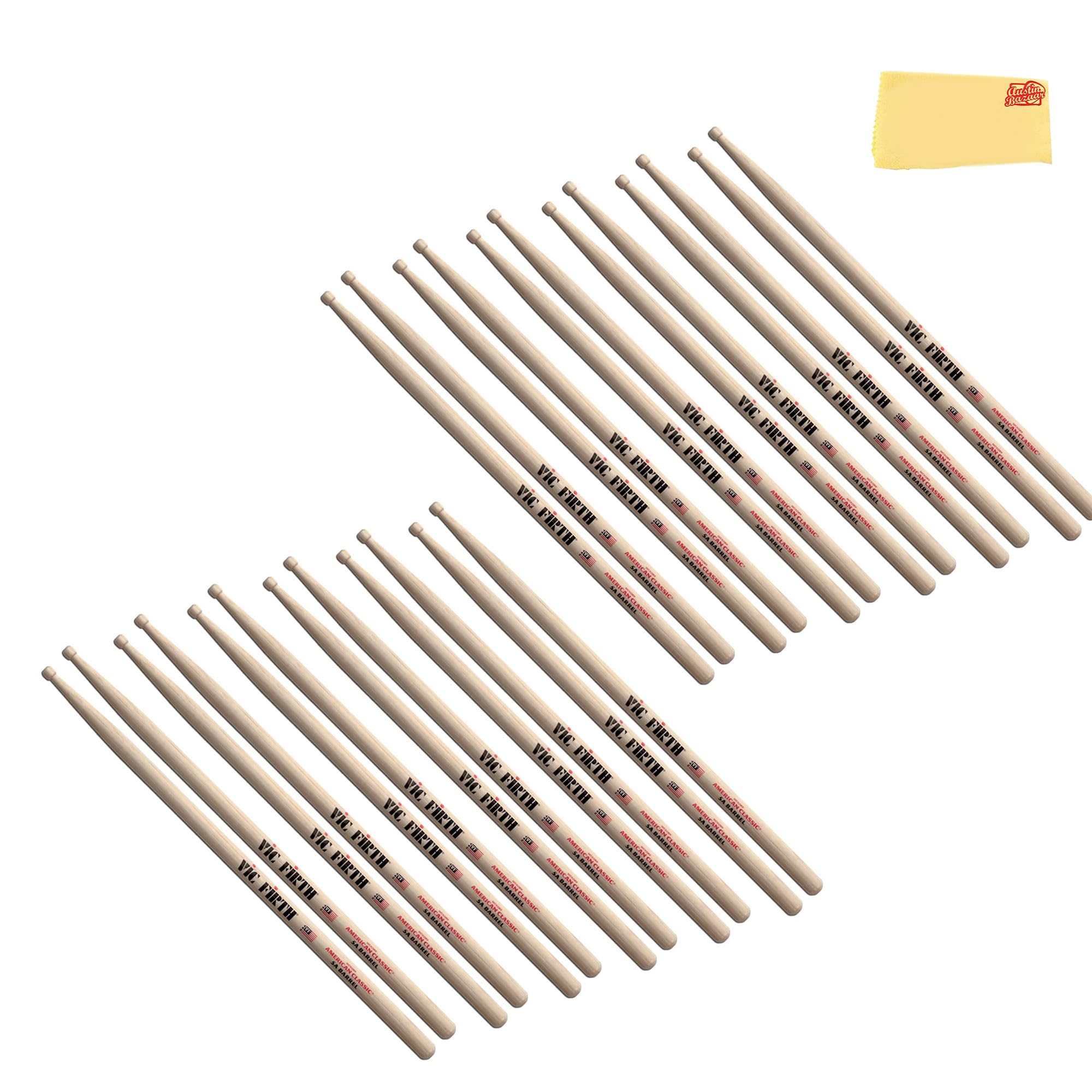 Vic Firth American Classic 5A Barrel Tip Drumsticks - 12-Pack Bundle with Austin Bazaar Polishing Cloth