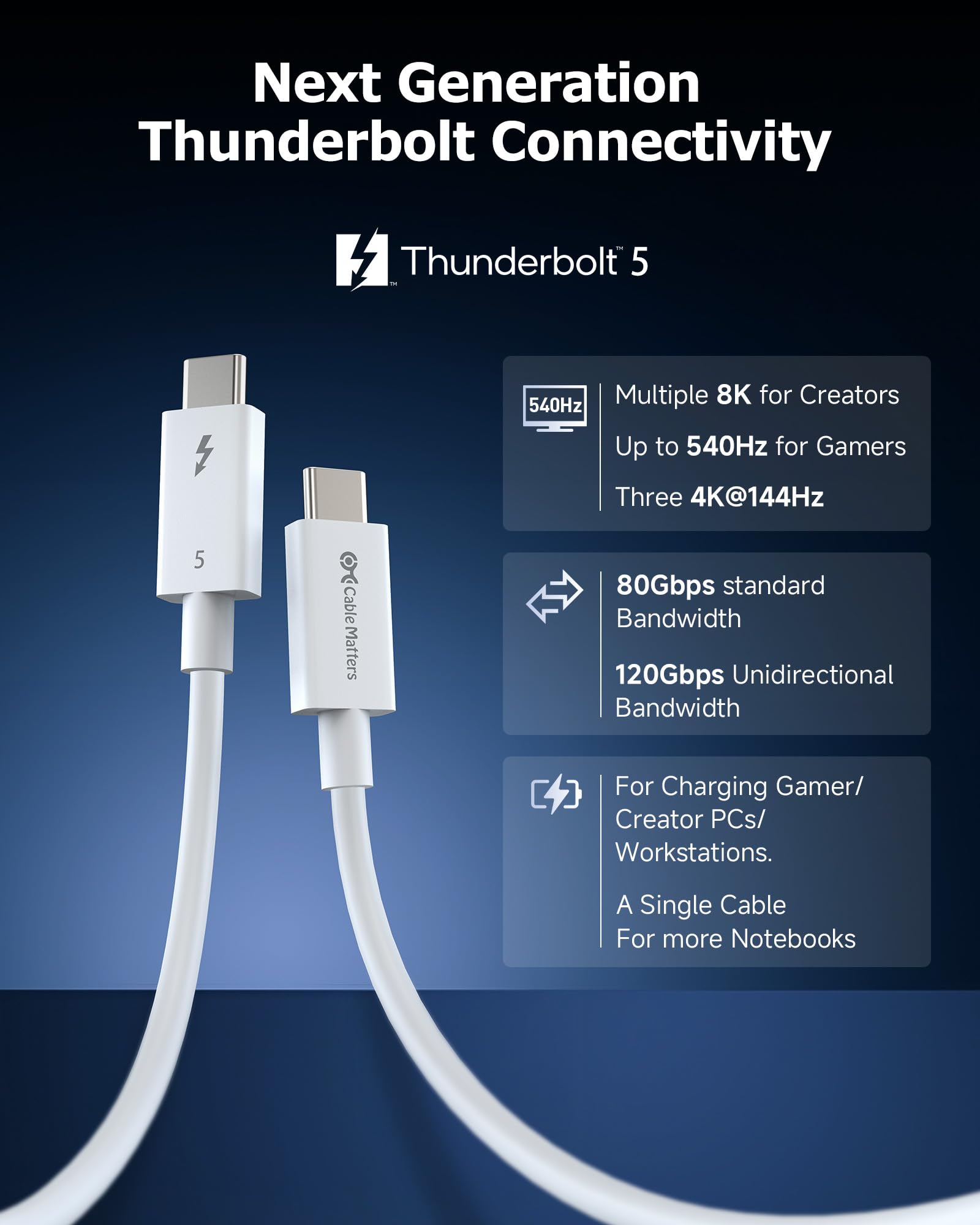 Cable Matters [Intel Certified] 80Gbps Thunderbolt 5 Cable with up to 120Gbps Bandwidth Boost and 240W Charging in White   1m / 3.3ft, Compatible with Thunderbolt 4, USB 4 and USB C