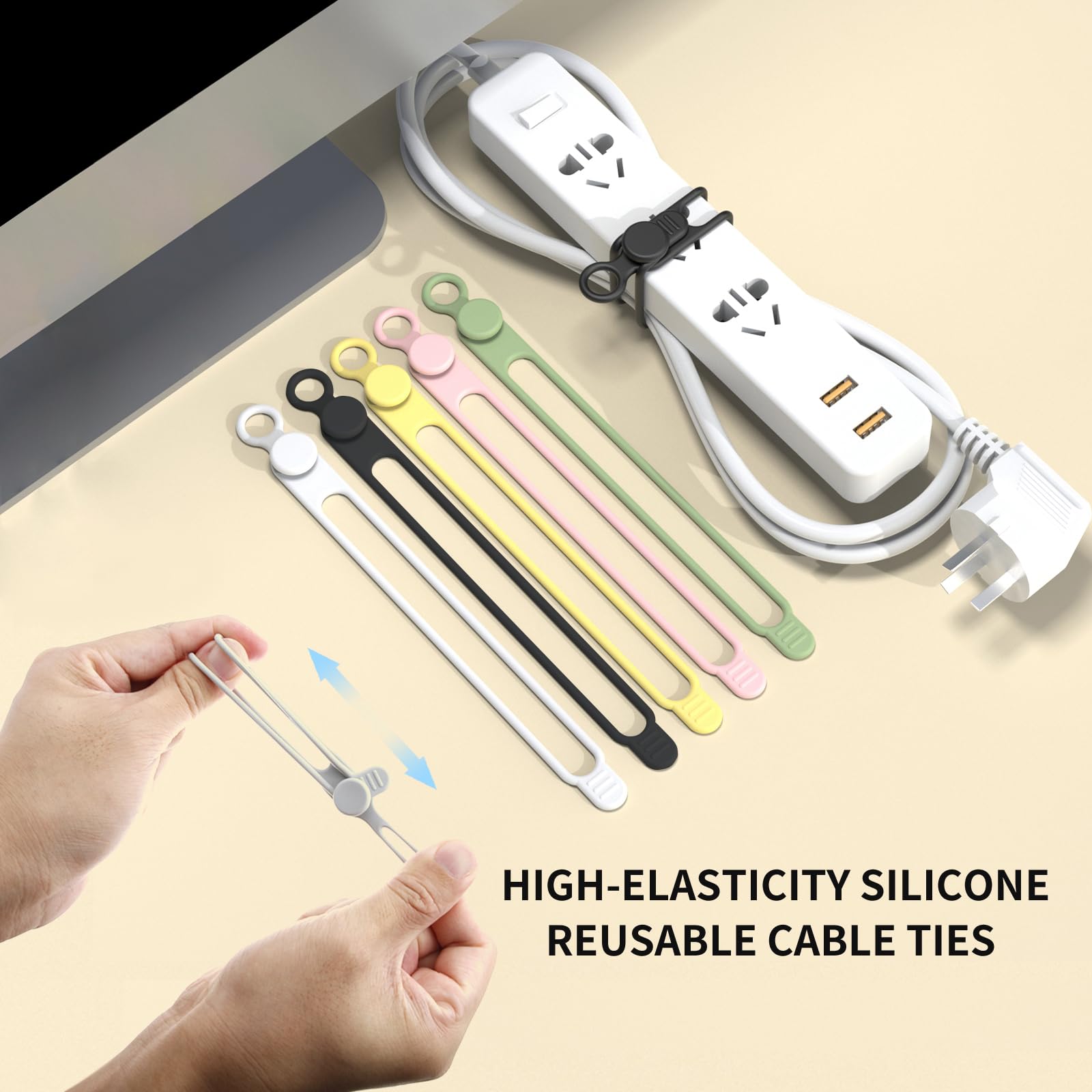 Umust Silicone Cable Straps, 10Pcs Extra Long Reusable Hanging Organizer For Cables, Kitchen, Home, School (Black & White)