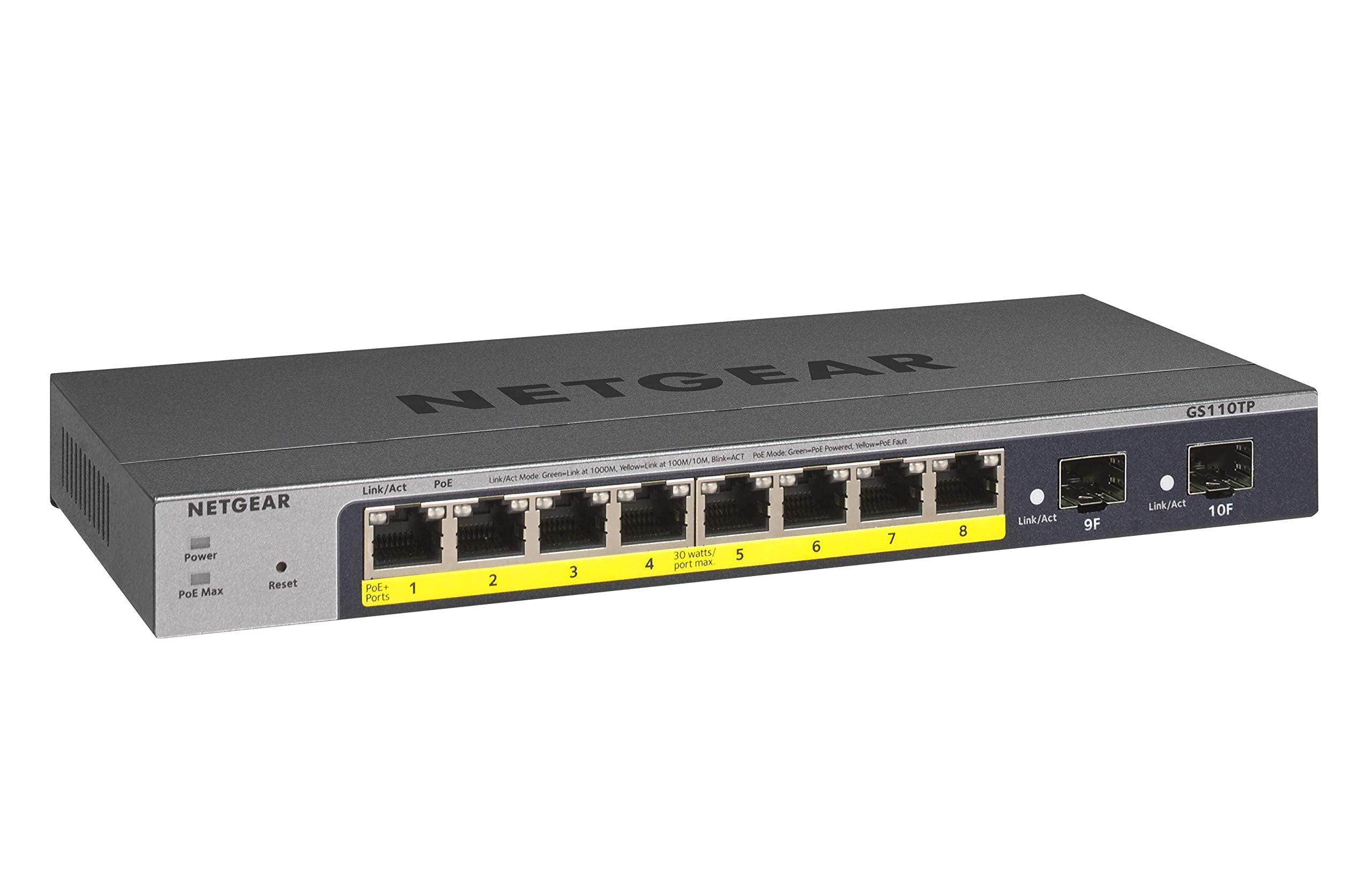 NETGEAR 10-Port PoE Gigabit Ethernet Smart Switch (GS110TP) - Managed, with 8 x PoE+ @ 55W, 2 x 1G SFP, Optional Insight Cloud M