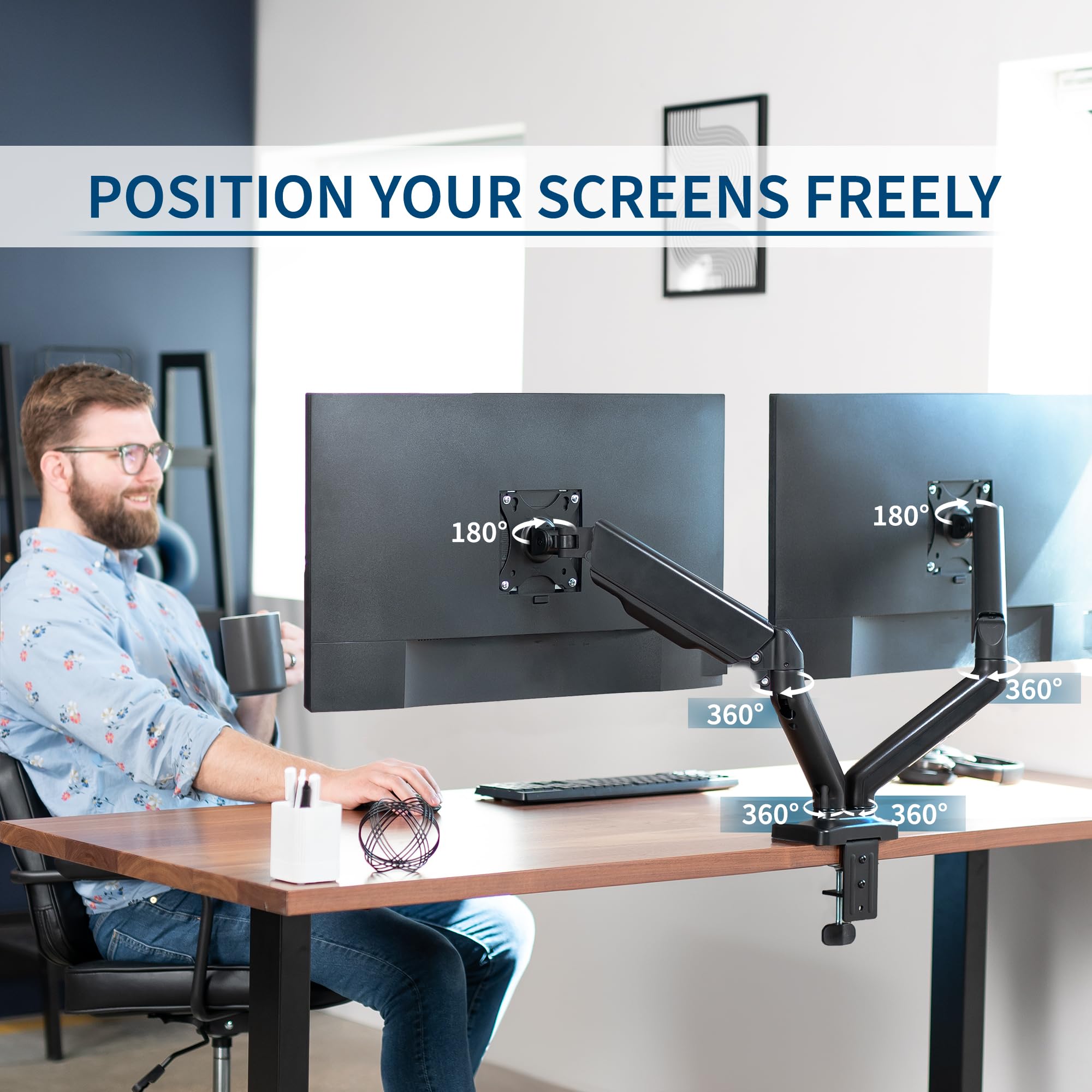 VIVO Dual Monitor up to 32 inches and 19.8 lbs per Screen, Pneumatic Arm Desk Mount, Articulating Counterbalance, VESA Stand, Classic, STAND V002O