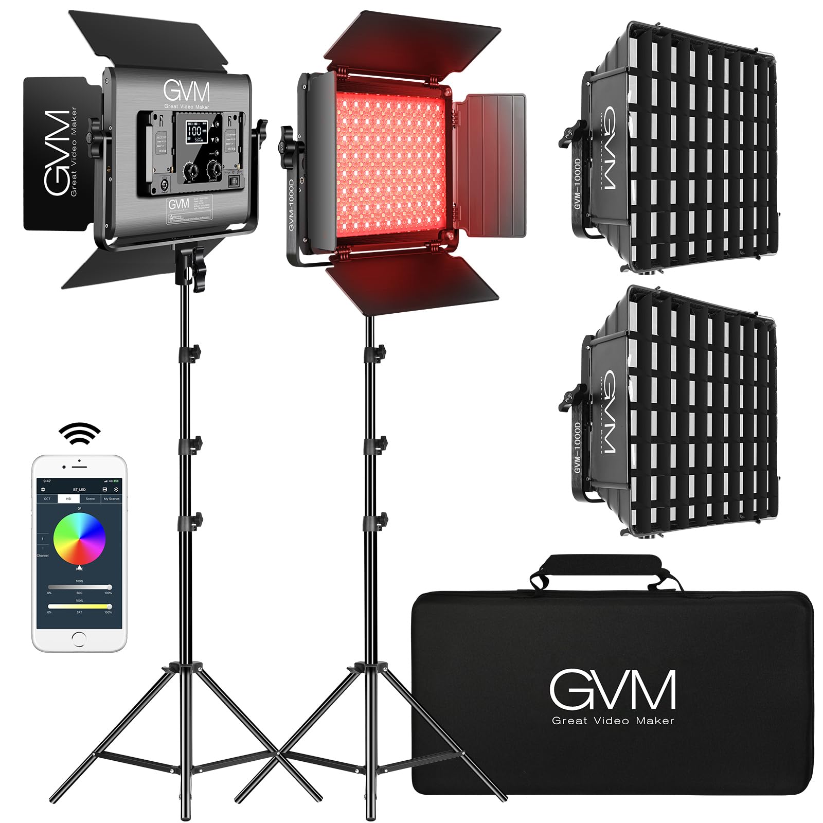 Gvm 1000D Rgb Led Video Light With 2 Softboxes, Photography Lighting Kit With Bluetooth Control, Full Color Video Lighting Kit W