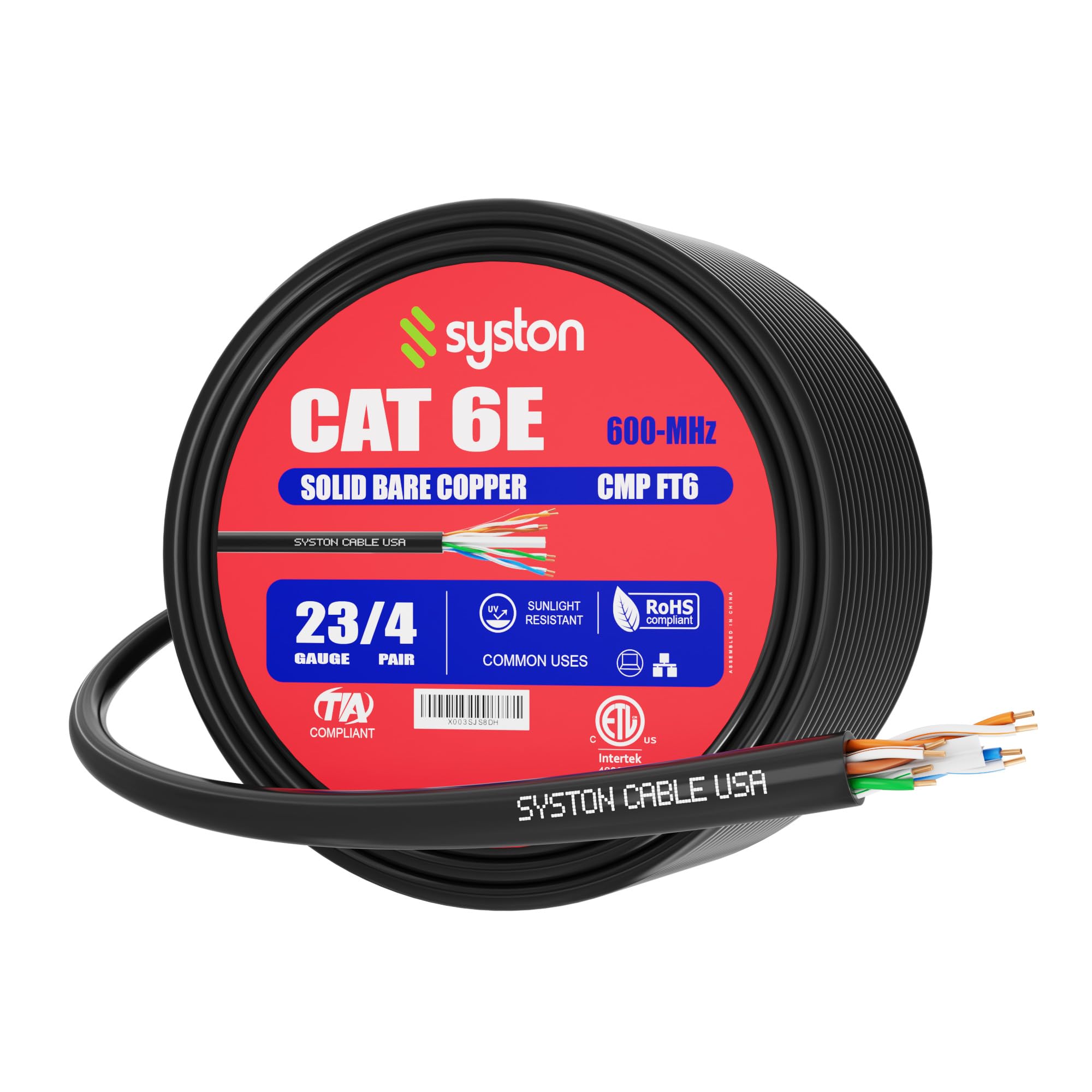Syston Cable Technology Cat6E Ethernet Internet Cable   100 Ft,600Mhz 23Awg Solid Bare Copper Wire Outdoor/Indoor Suit, Bulk No Ends 10 Ft To 1000 Ft, Heat Resistant Plenum Rated   Cmp