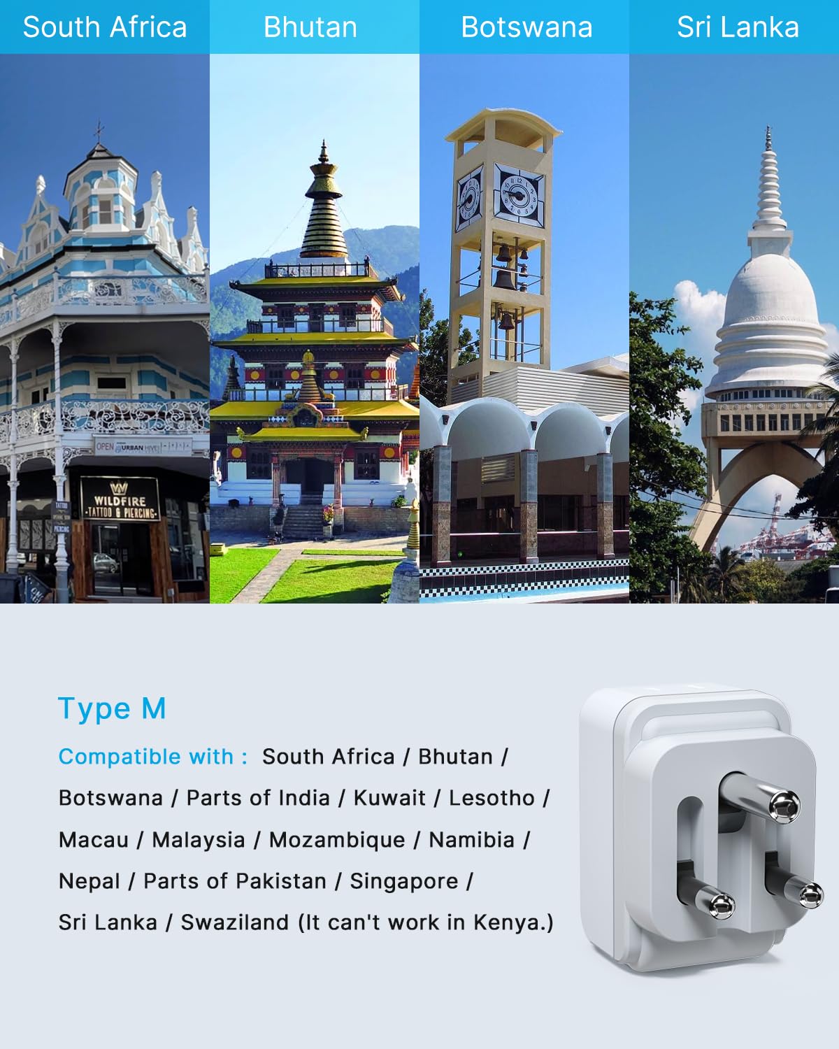 3 Pack South Africa Plug Adapter, Vintar Foldable Type M Adapter For South Africa With 2 Ac Outlets 3 Usb Ports(2 Usb C), Africa