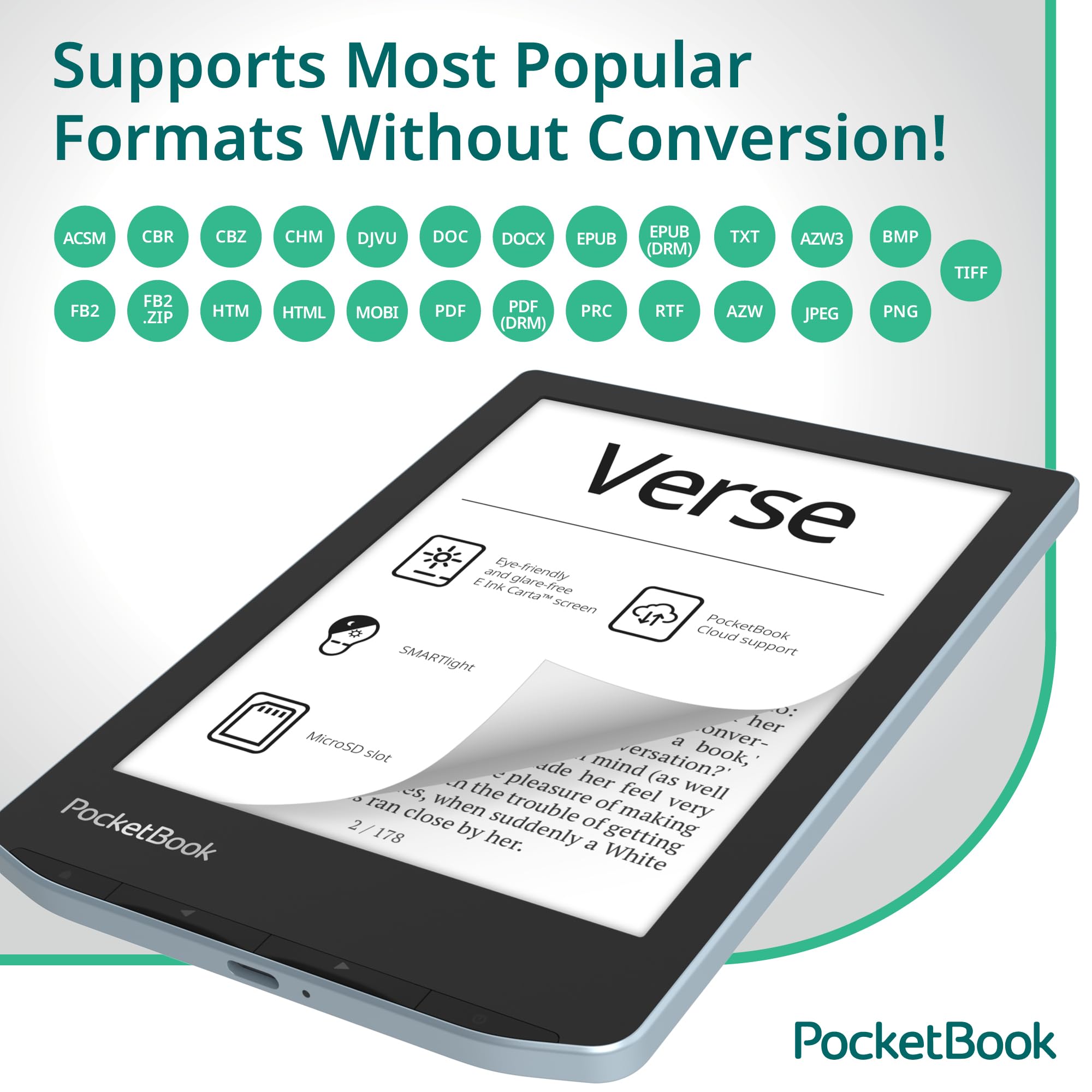 Pocketbook Verse E Reader | Eye Friendly 6'' E Ink Carta Hd Touchscreen | Adjustable Smartlight | Up To 1 Month Of Battery Life