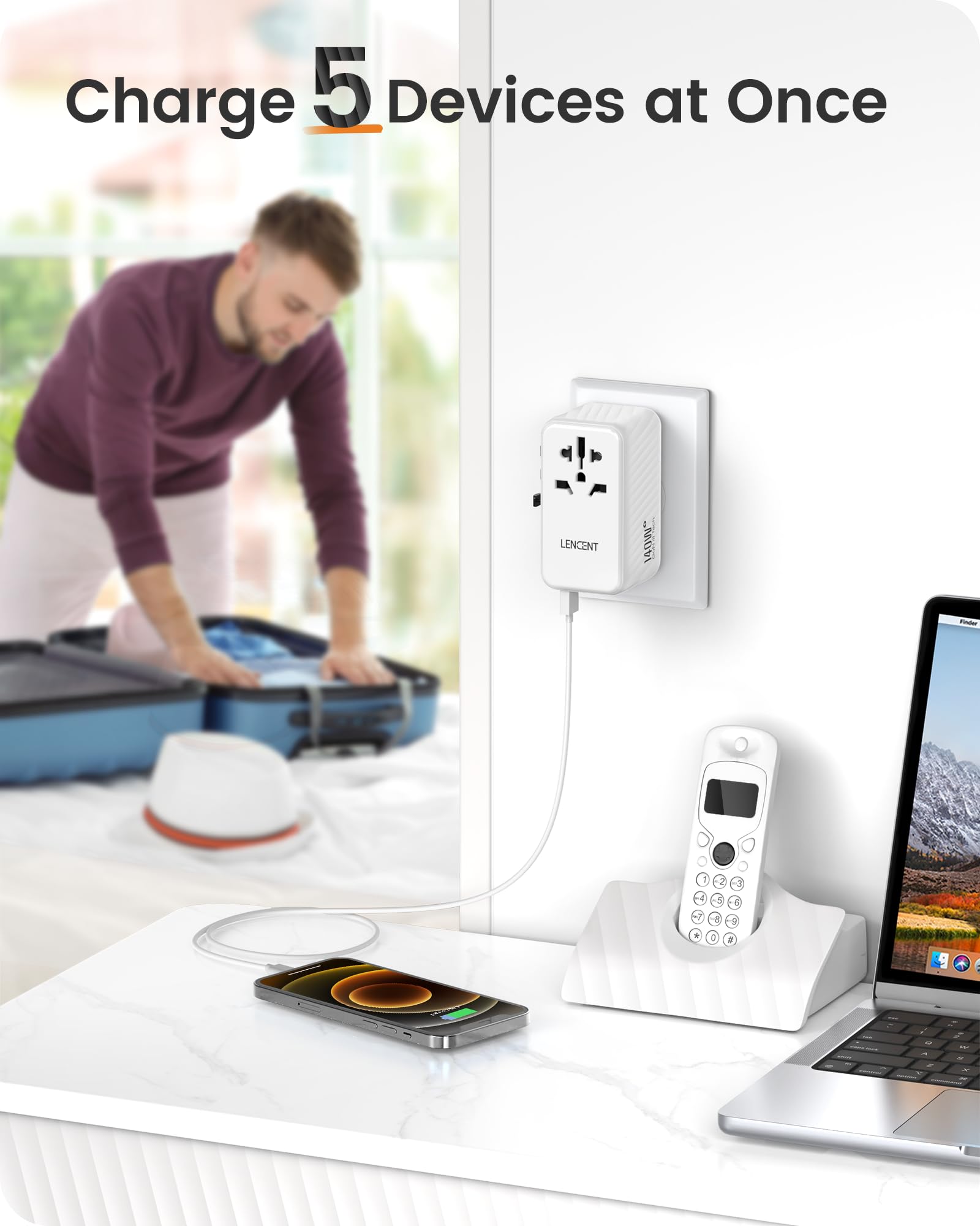 Lencent 140W Universal Travel Adapter, International Plug Adaptor, Gan Fast Charger With 3 Pd3.1 Type C+1 Qc Usb A, All In One T