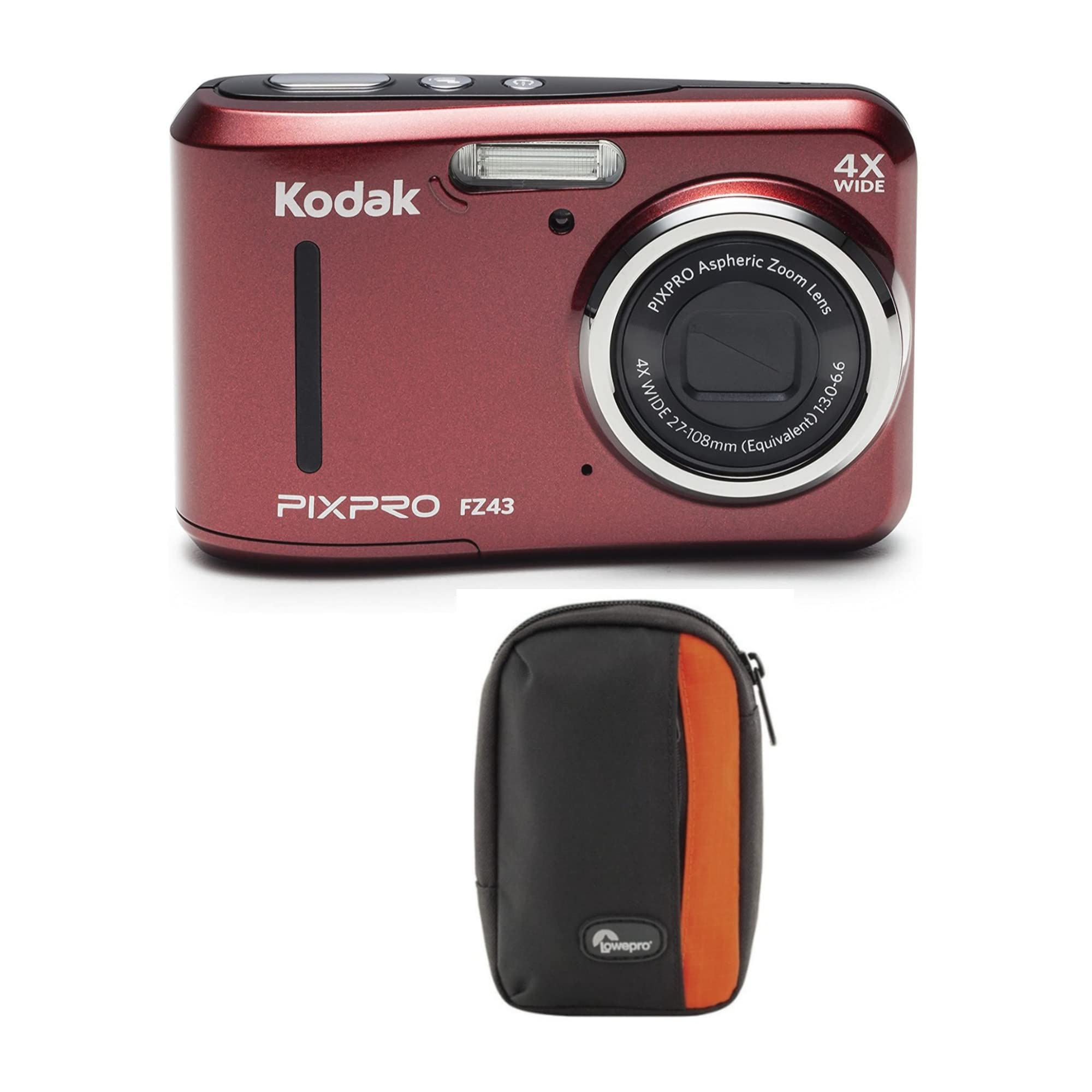 Kodak Pixpro Fz43 16 Mp Digital Camera (Red) Bundle With Newport 10 Camera Case (Black/Pepper Red)