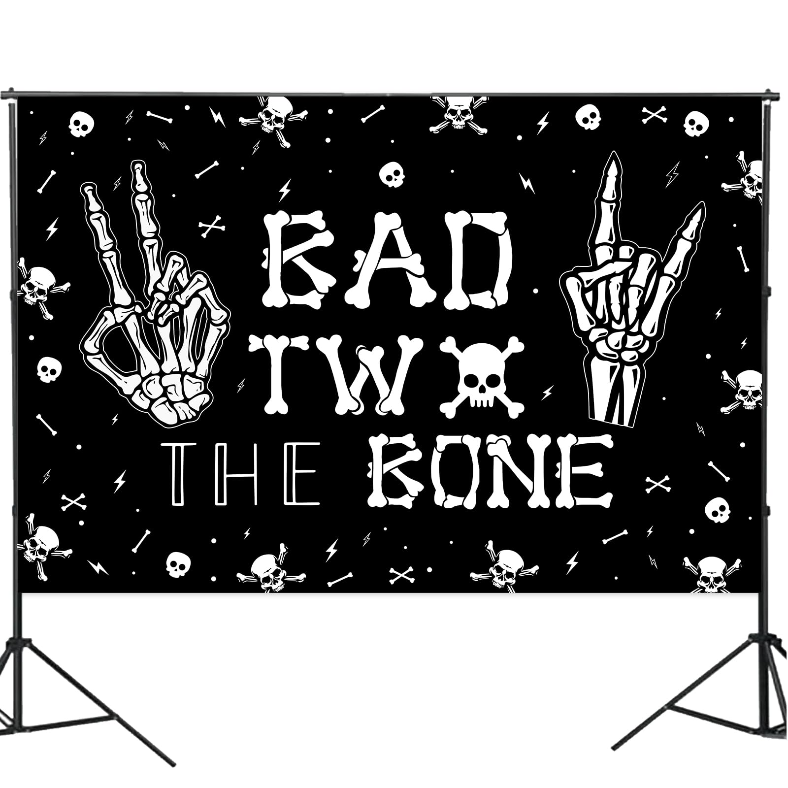 Kreat4Joy Bad Two The Bone Backdrop Banner 7 X 5 Ft, Skeleton Theme 2Nd Birthday Decorations For Music Rock And Roll Birthday Pa