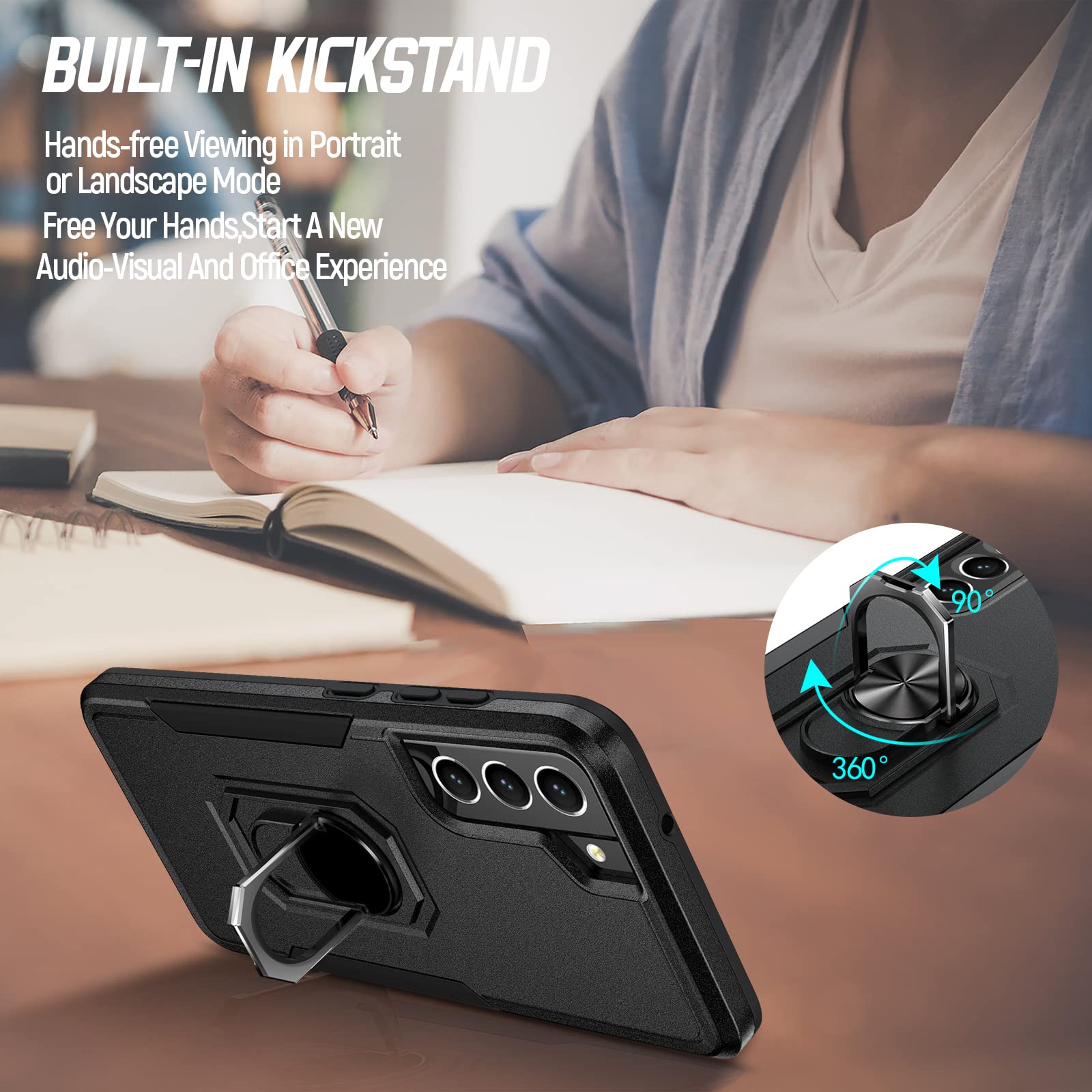 Oterkin For Samsung Galaxy S21 Fe Case,Heavy Duty Military Grade Shockproof Case With Kickstand Ring Tempered Glass Screen Prote