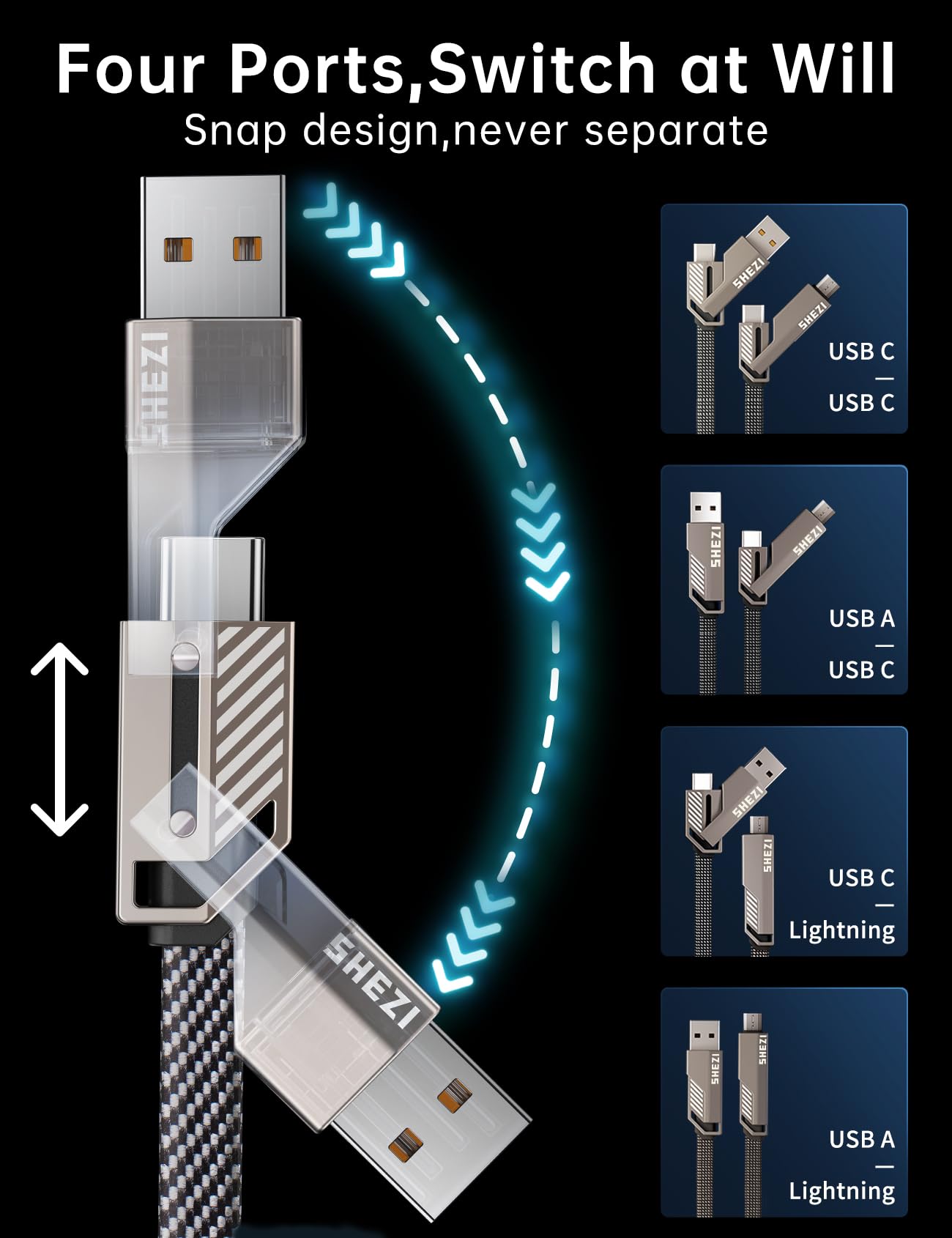 Jixivor 4 In 1 Usb C Micro Cable, [Shezi Style] 60W 3Ft Usb C To Usb C Micro Cord Flat Braided Anti Tangle Fast Charging Cable C